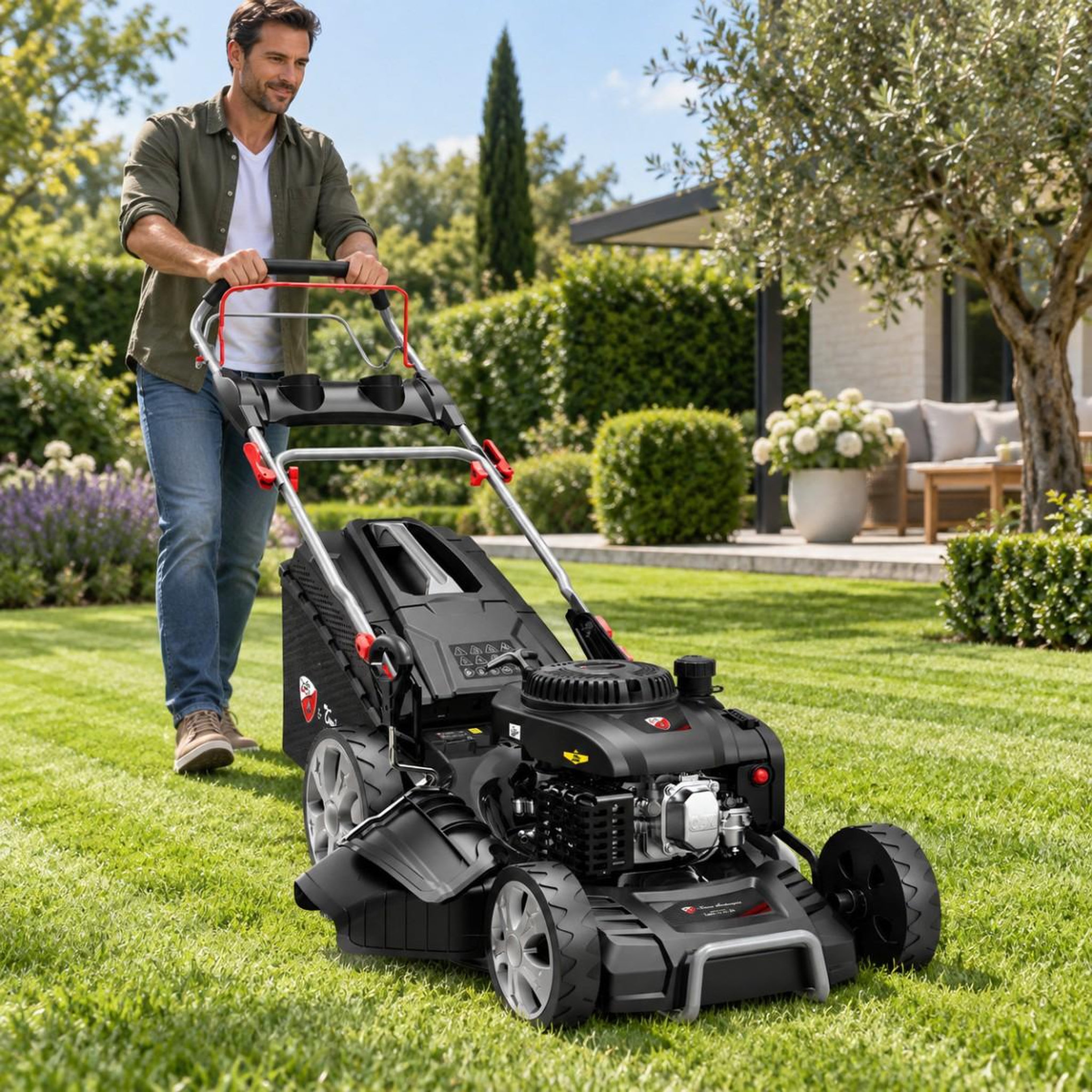 Voir la diapositive 3 : BY TONINO LAMBORGHINI GARDEN MACHINERY Tondeuse à gazon thermique autotractée 224 cm³ 7,5 cv 53 cm 4-en-1 démarrage électrique 20 v bac 65 l tonino lamborghini