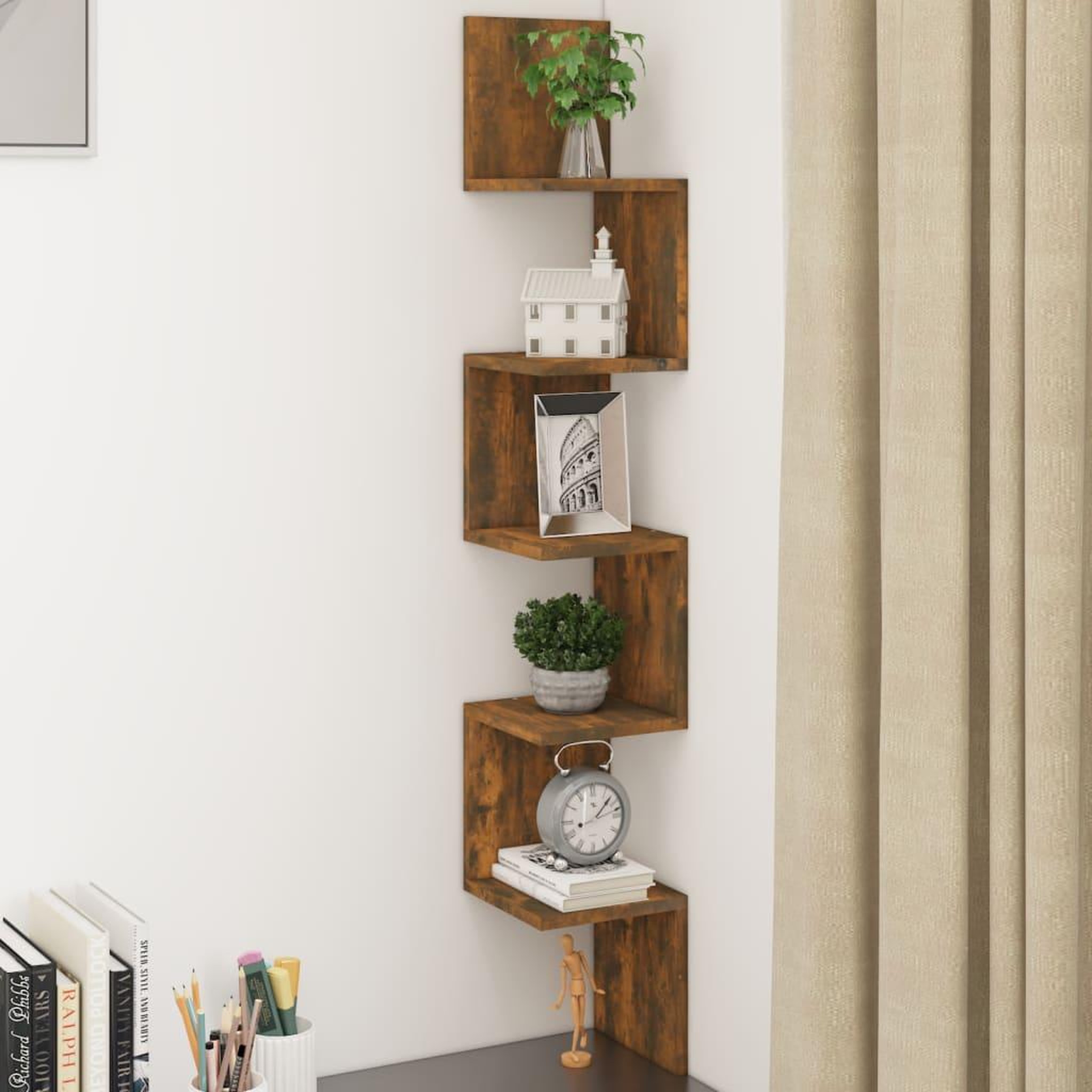 Voir la diapositive 1 : VIDAXL Etagere d'angle murale Chene fume 20x20x127,5cm Bois ingenierie