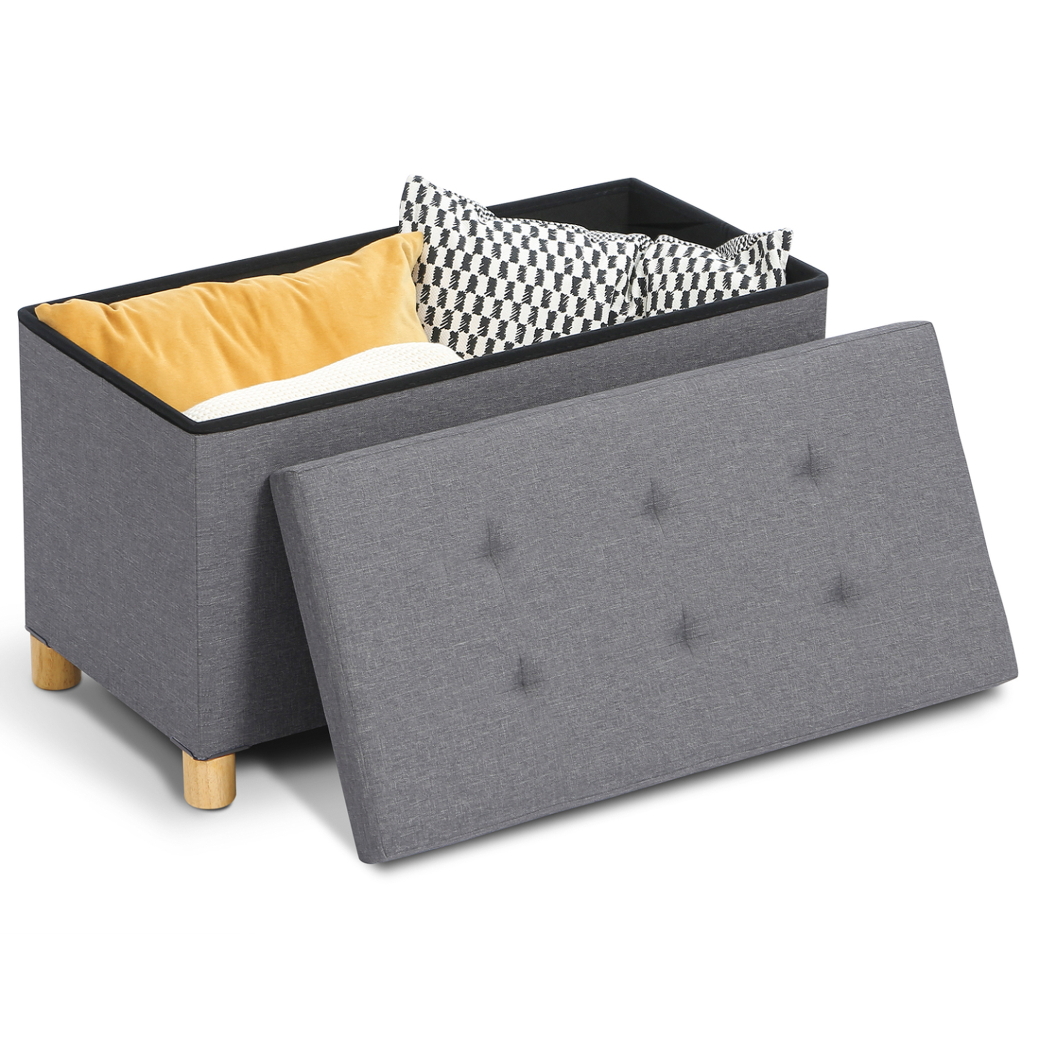 Voir la diapositive 4 : ID MARKET Banc coffre rangement sur pied 76 cm tissu gris anthracite