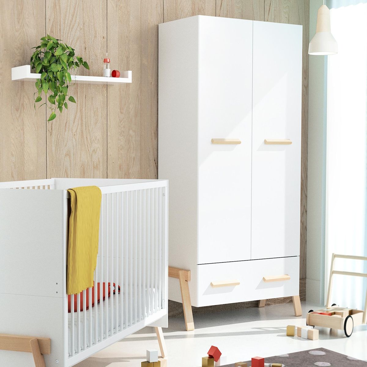 AT4 Armoire enfant 2 portes en bois CANAILLE Blanc et Hêtre 108 x 53 x176 cm