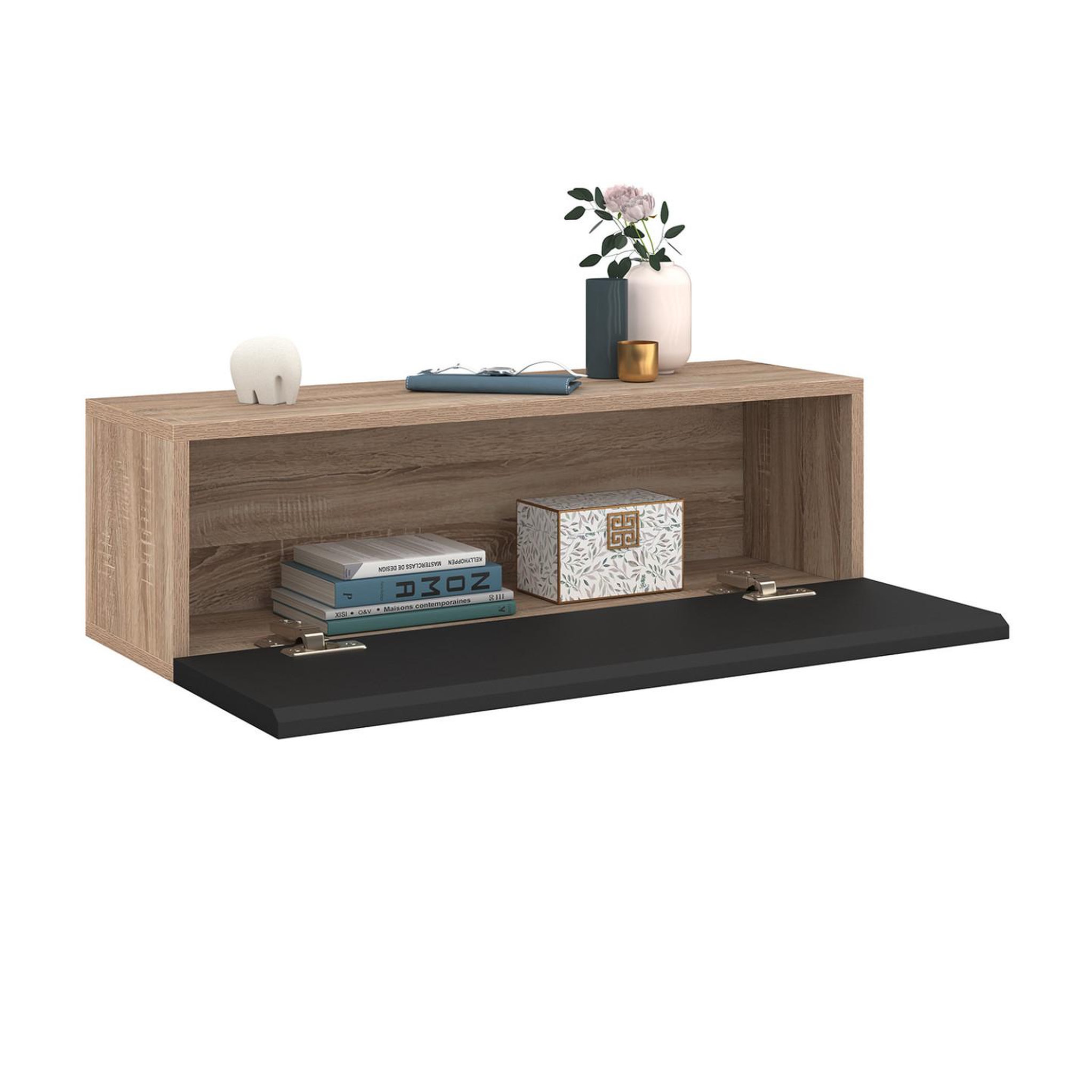 Voir la diapositive 4 : ID MARKET Lot de 2 consoles suspendues étagères murales elyos 1 porte bois et noir