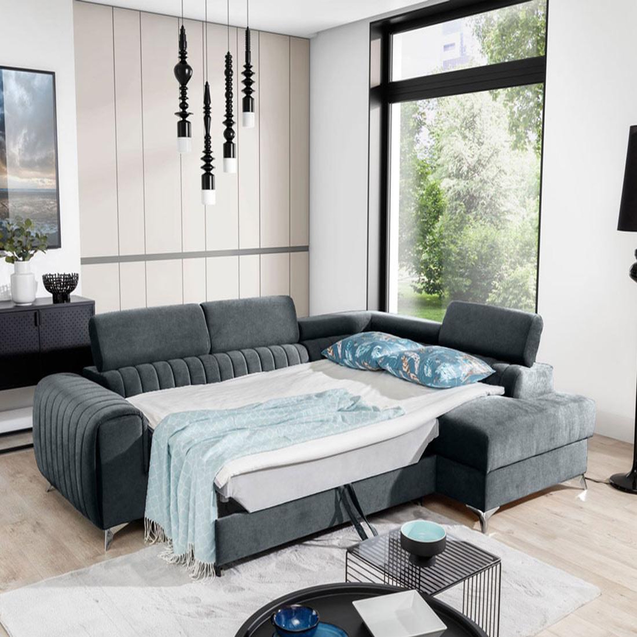 Voir la diapositive 2 : BEST MOBILIER Talisay - canapé d'angle droit - 5 places - convertible avec coffre - en velours