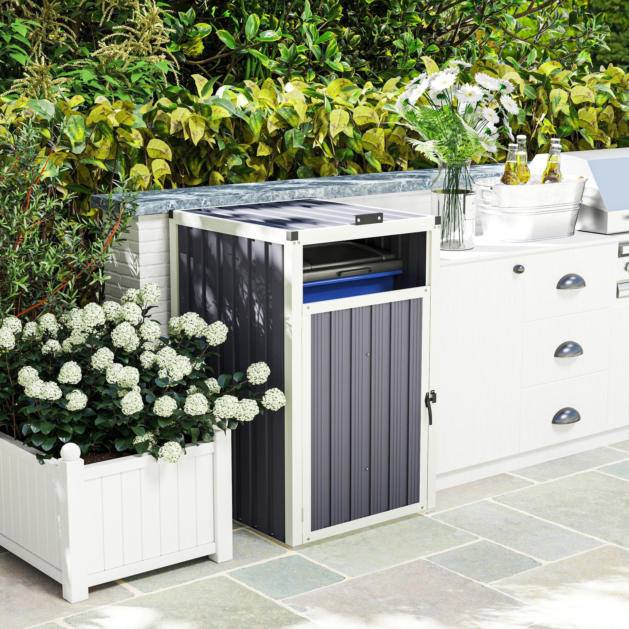 Voir la diapositive 2 : OUTSUNNY Abri poubelle - cache poubelle - 240L - porte, couvercle - tôle acier ondulé blanc gris