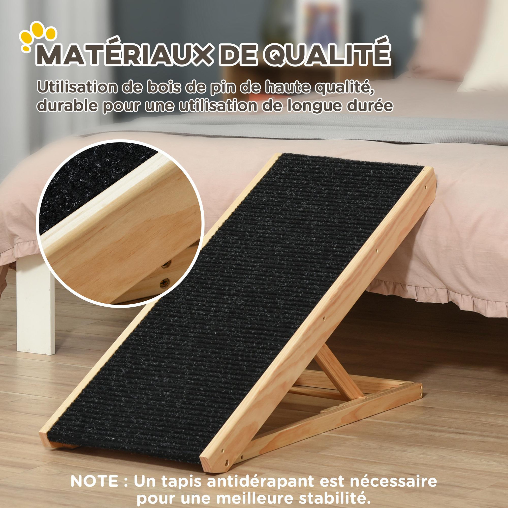 Voir la diapositive 5 : PAWHUT Rampe pour chien canapé hauteur réglable 26-61 cm bois pin polyester noir