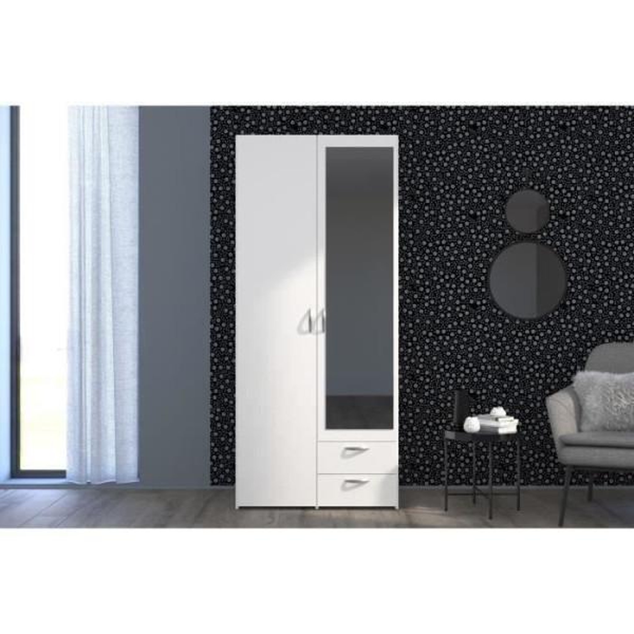 Voir la diapositive 2 : PARISOT Armoire VARIA - Décor blanc - 2 portes battantes + 1 miroir + 2 tiroirs - L 81 x H 185 x P 51 cm - PARISOT