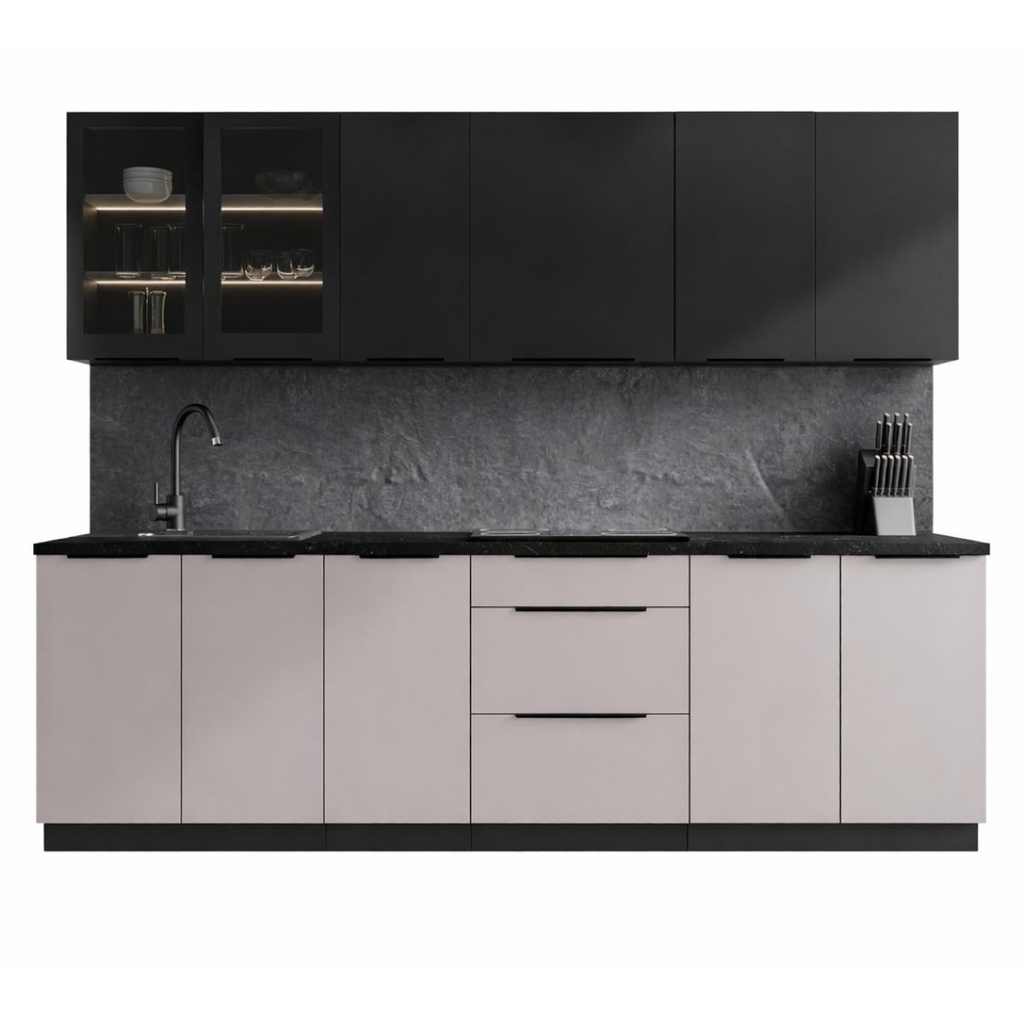JLC KREATION Cuisine complète moderne beige et noir 260cm MAO