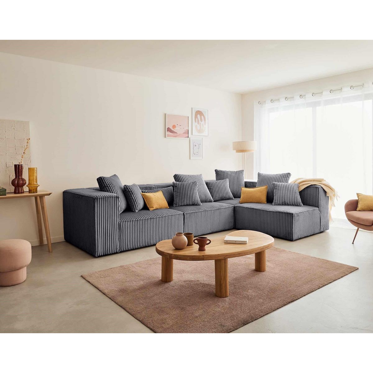 LISA DESIGN Colombine - canapé modulable d'angle droit - 5 places - en velours côtelé grosses côtes