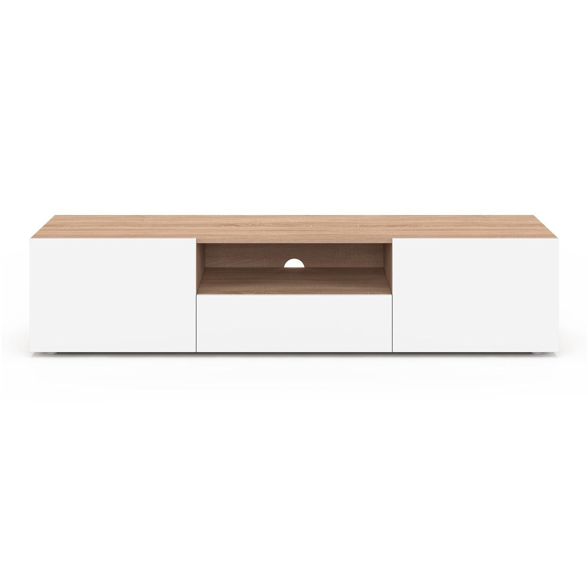 Voir la diapositive 3 : ID MARKET Meuble tv 140 cm eli bois façon hêtre portes blanches