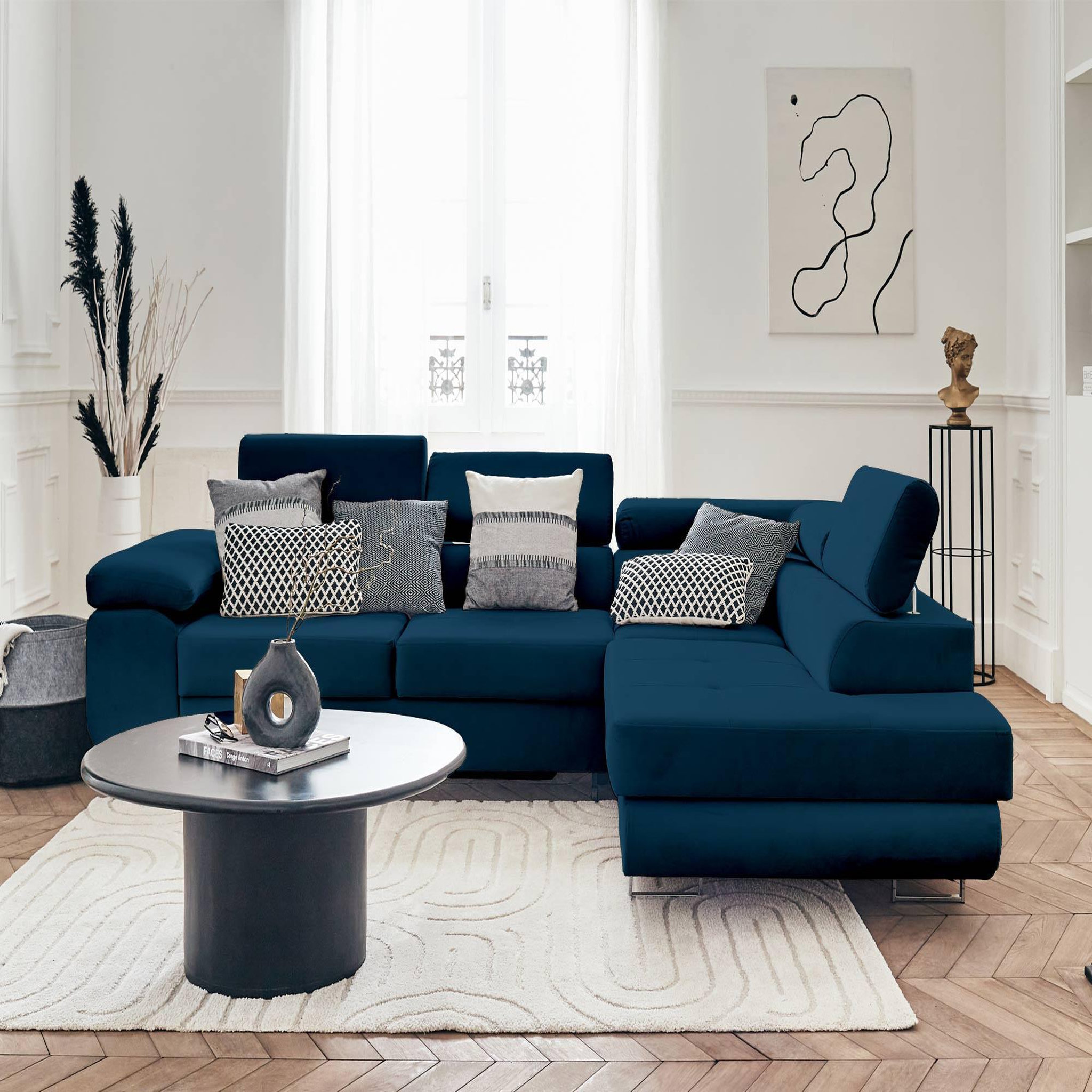 Voir la diapositive 4 : BEST MOBILIER Pablo - canapé d'angle droit - 5 places - convertible avec coffre et têtières réglables - en velours