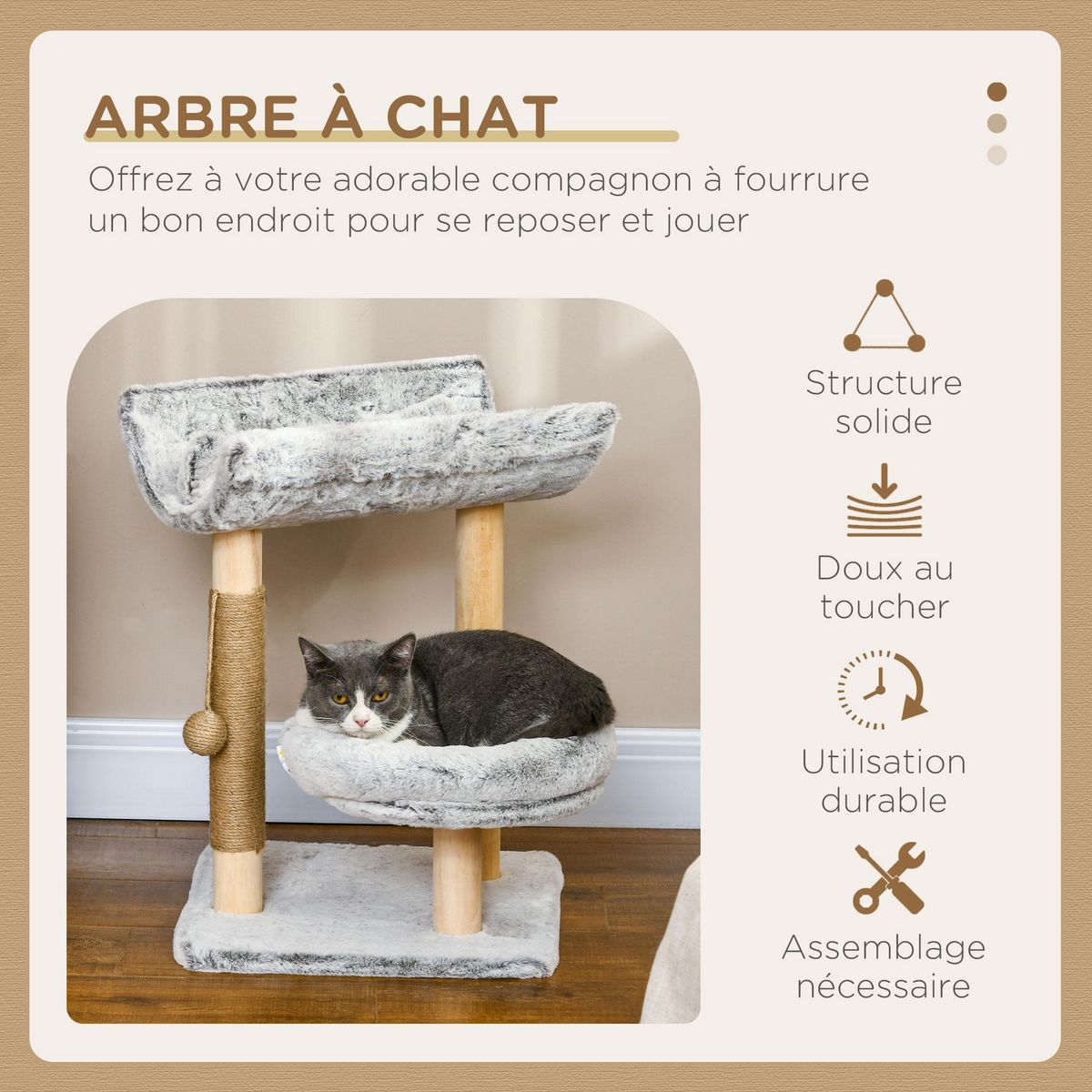 PAWHUT Arbre à chat griffoir chanvre naturel panier plateforme d'observation jeu boule suspendue bois panneaux peluche gris