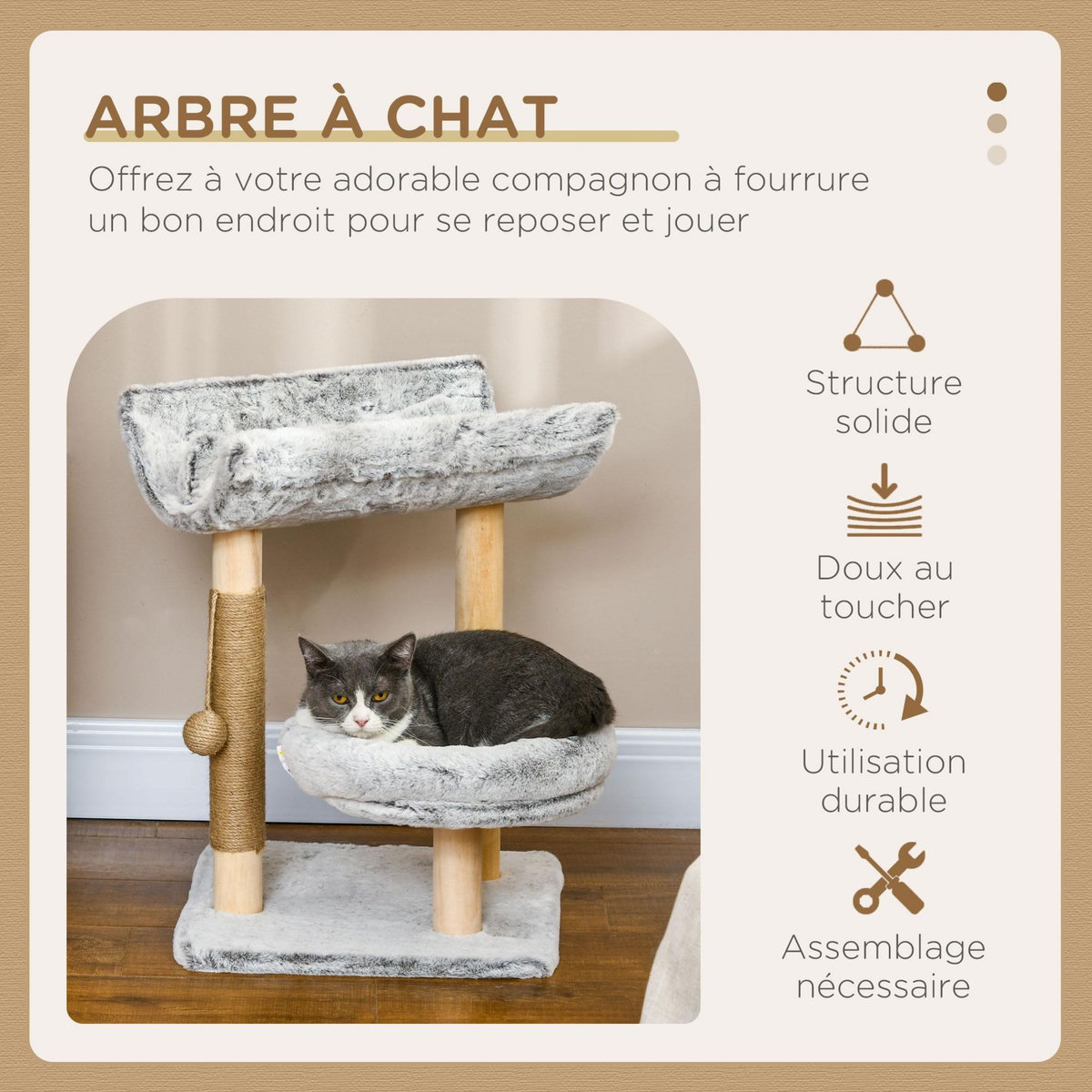 PAWHUT Arbre à chat griffoir chanvre naturel panier plateforme d'observation jeu boule suspendue bois panneaux peluche gris