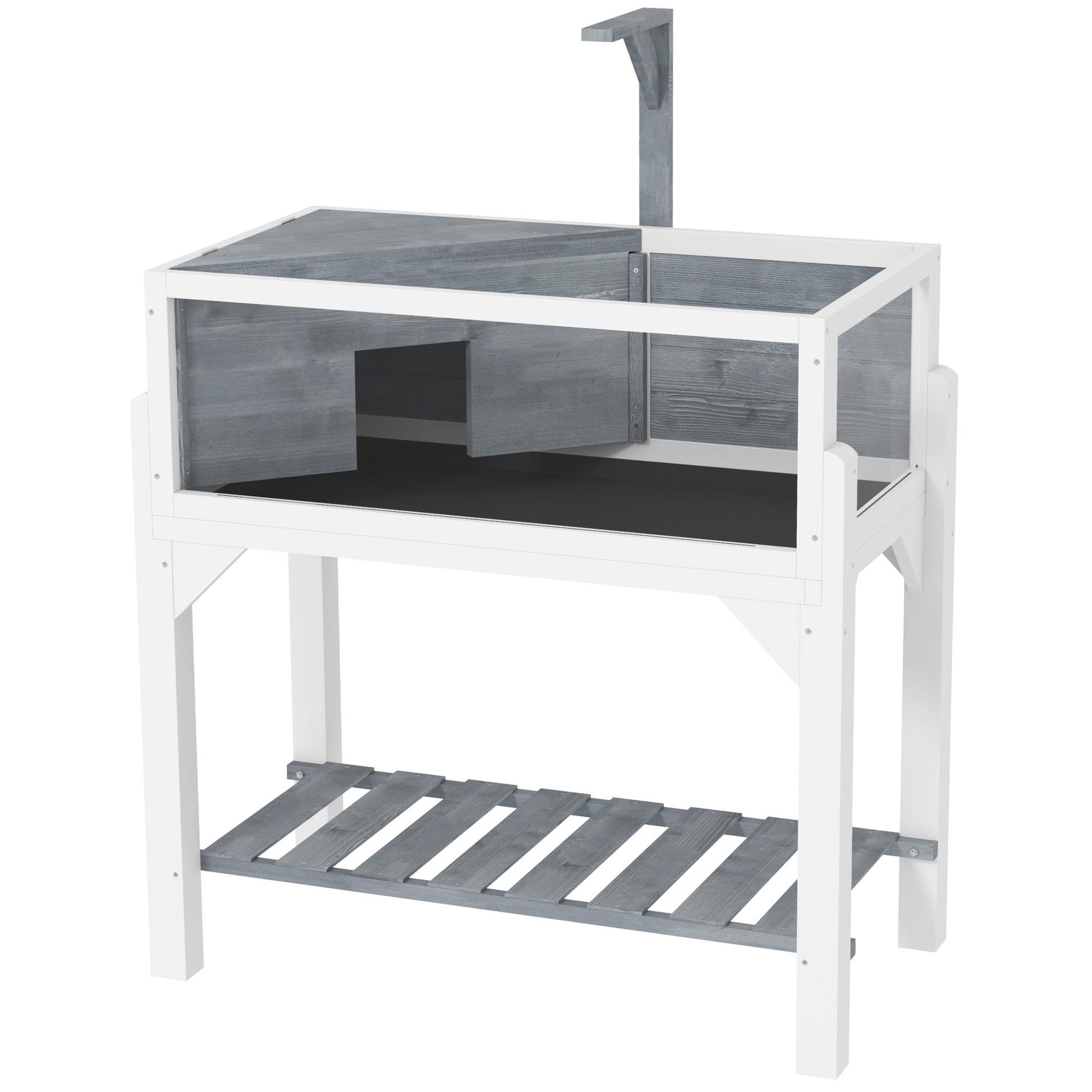 Voir la diapositive 5 : PAWHUT Maison pour tortue sur pied 2 zones étagère - terrarium - toit ouvrant, enclos, support lampe - gris