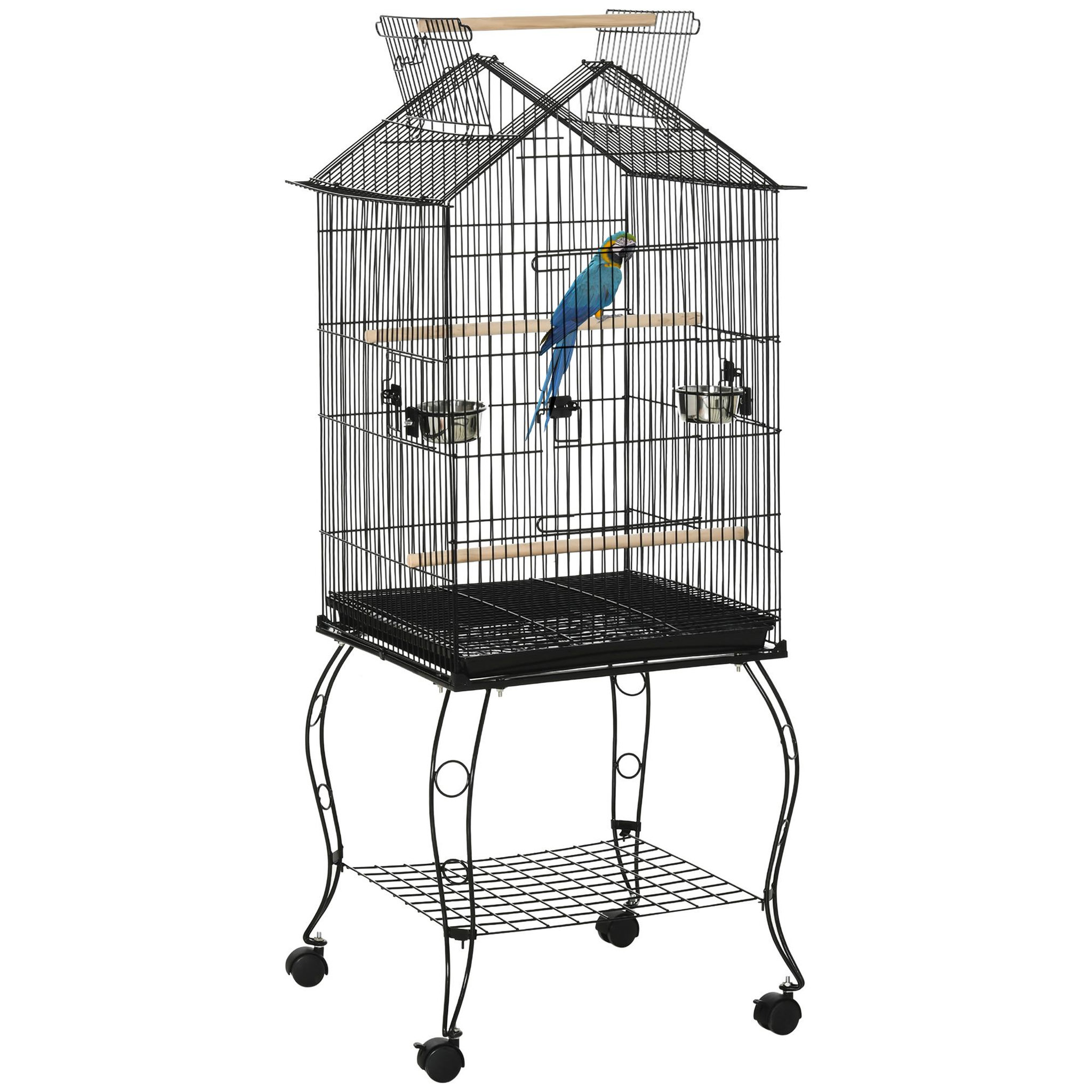 Voir la diapositive 1 : PAWHUT Cage à oiseaux sur pied volière avec 2 mangeoires perchoirs plateau amovible poignée et roulettes - 50 x 58 x 137-145 cm noir