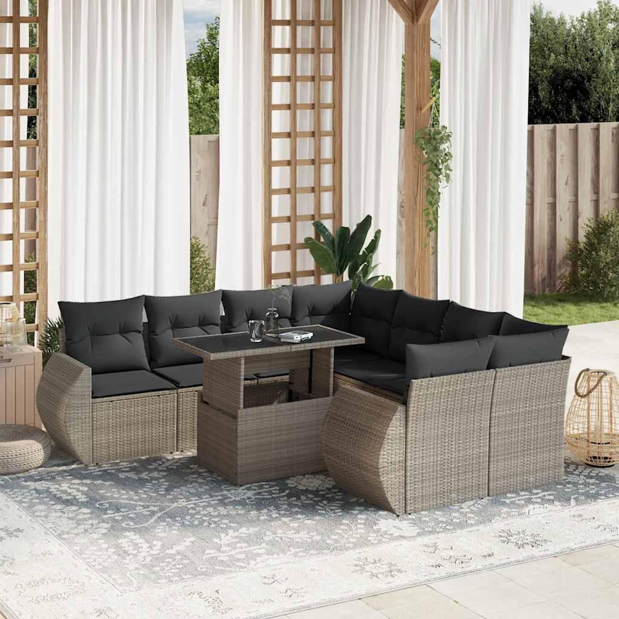 VIDAXL Salon de jardin 9 pcs avec coussins gris clair resine tressee