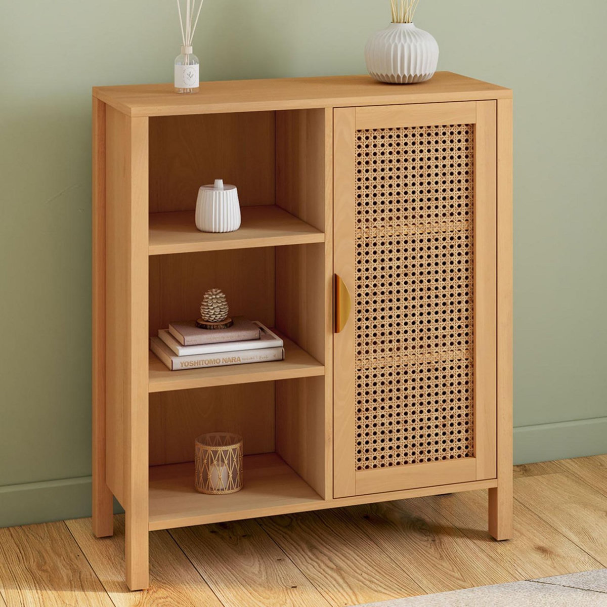 ID MARKET Buffet d'appoint 3 étagères et placard 70 cm EDHEN bois et cannage