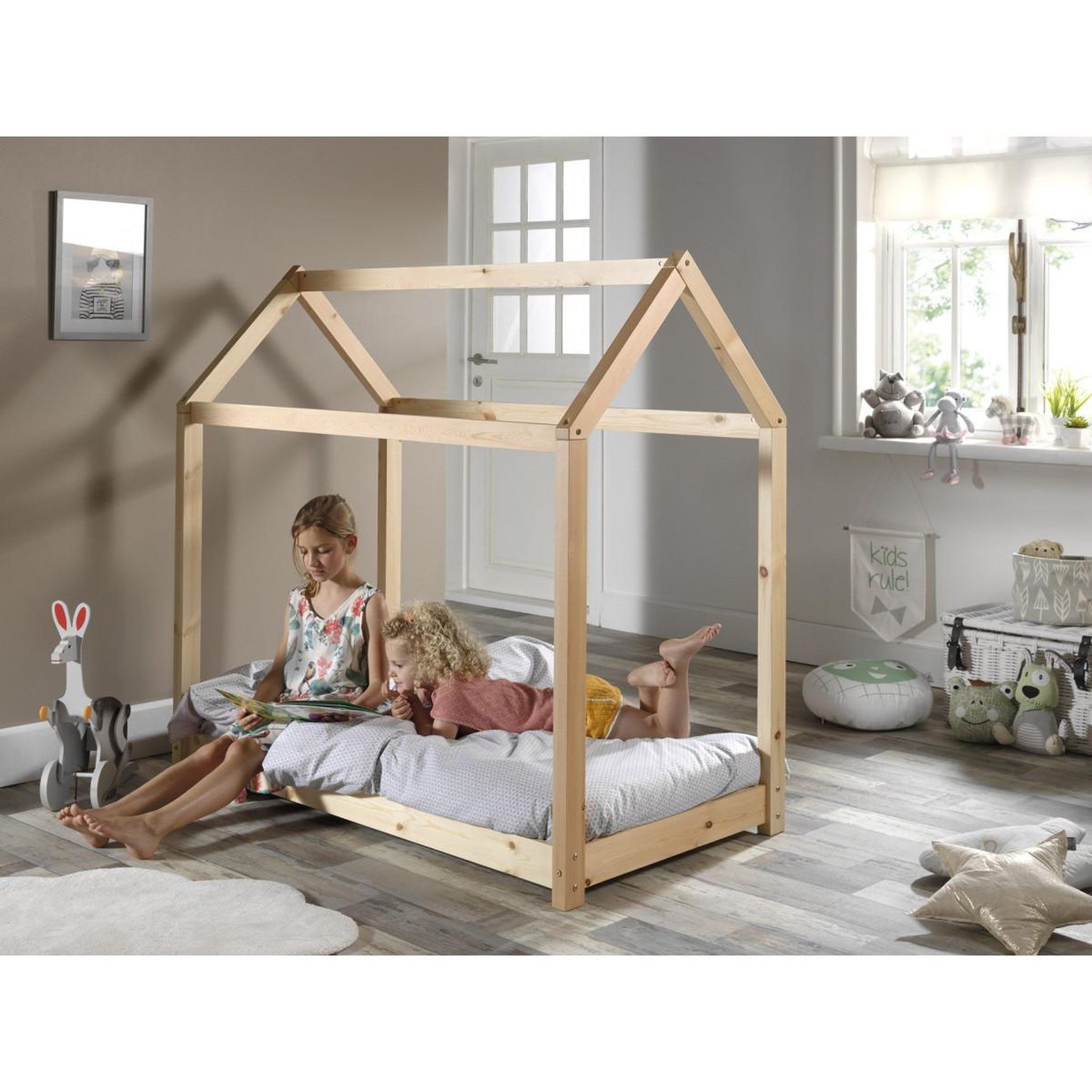 Voir la diapositive 5 : Paris Prix Lit enfant & matelas  cabane  70x140cm naturel