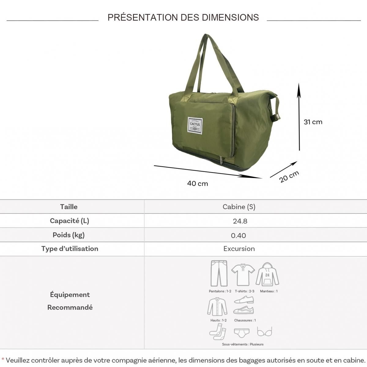 Cactus Sac de voyage week-end 24L pliable et déperlant sans roulettes