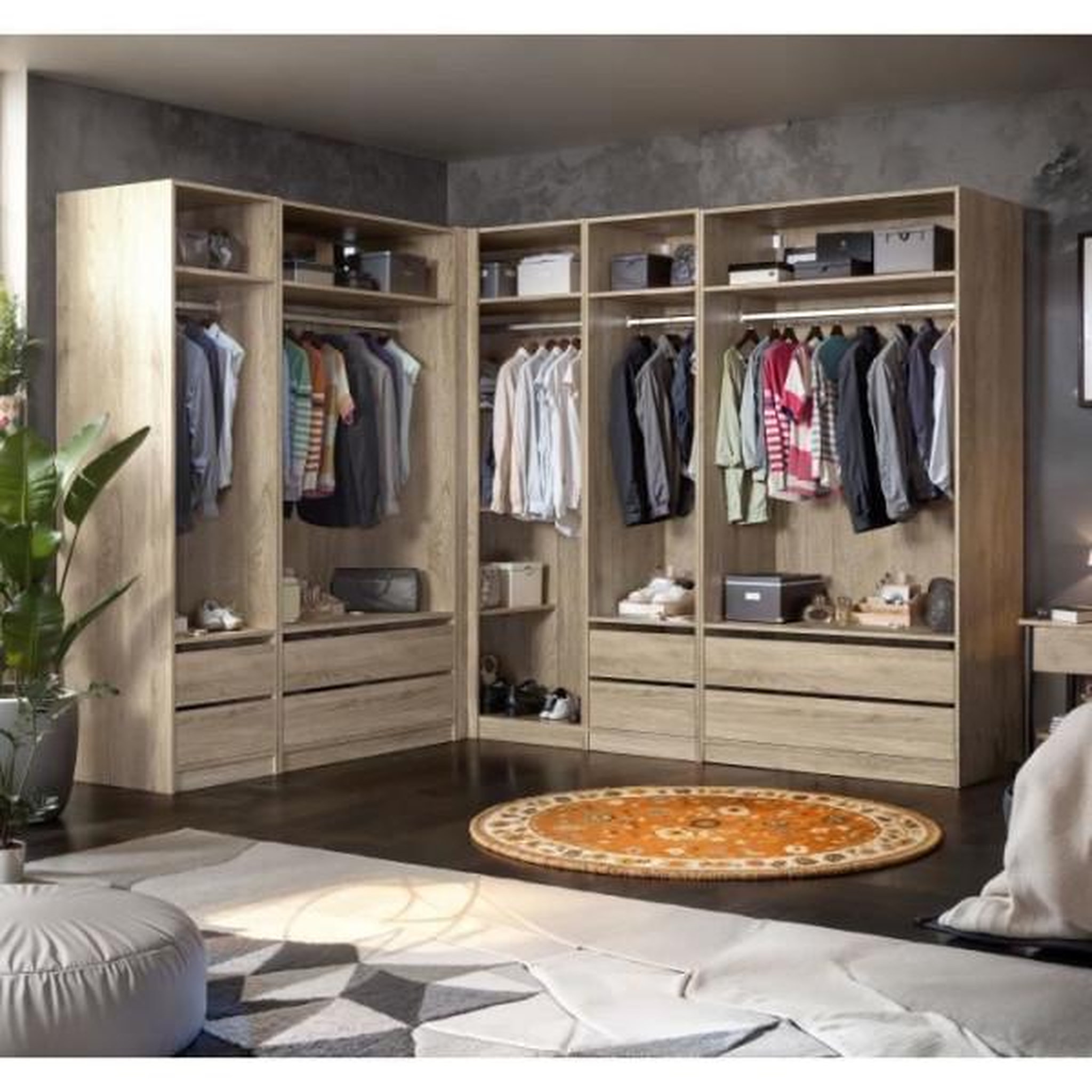 Voir la diapositive 5 : MARKET24 Module dressing d'angle - Décor chene - 3 étageres - 1 tringle a vetements - L100 x P66 x H200 cm