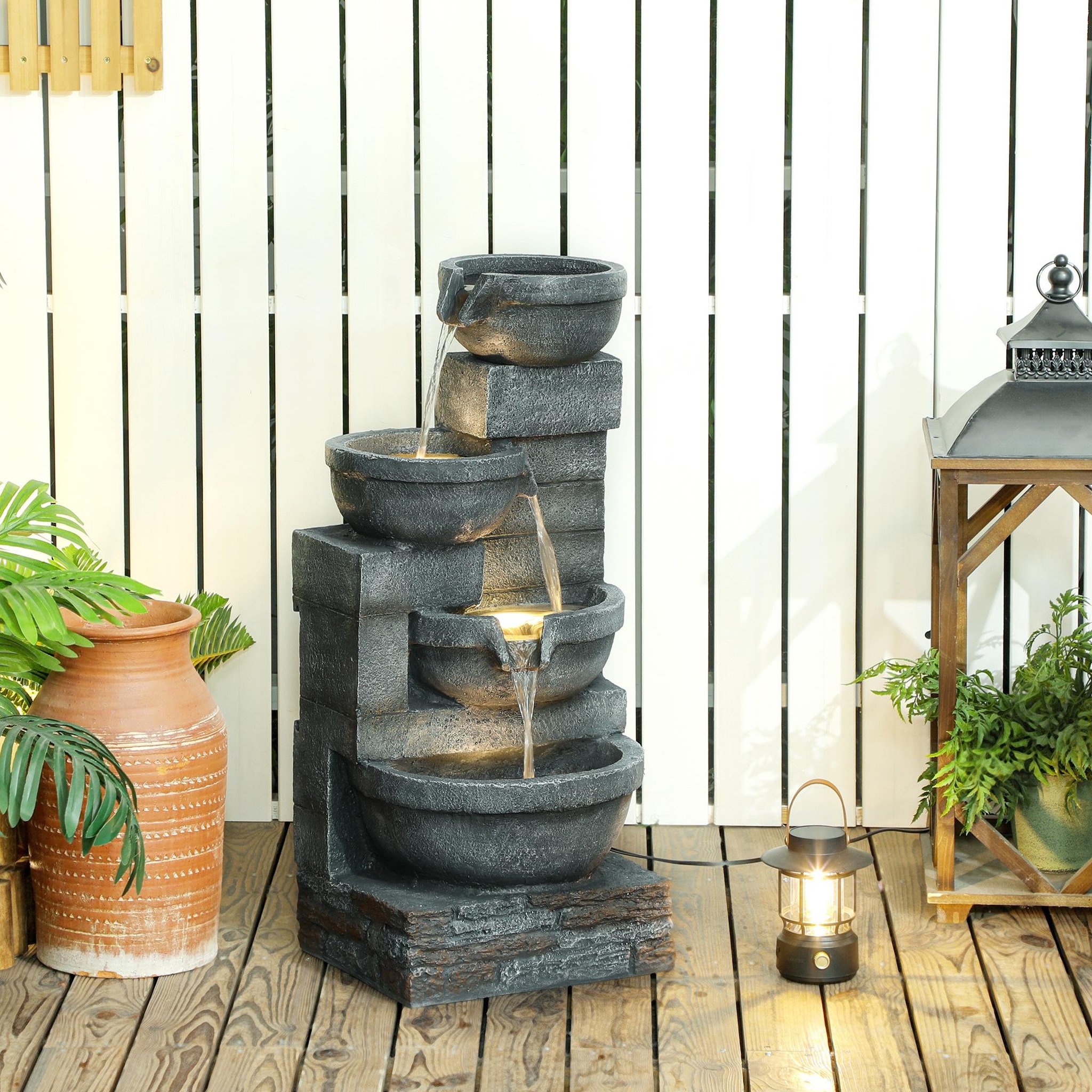 Voir la diapositive 4 : OUTSUNNY Fontaine de jardin en cascade avec éclairage LED 4 niveaux - pompe inclus - 38 x 35 x 78,5 cm - résine gris