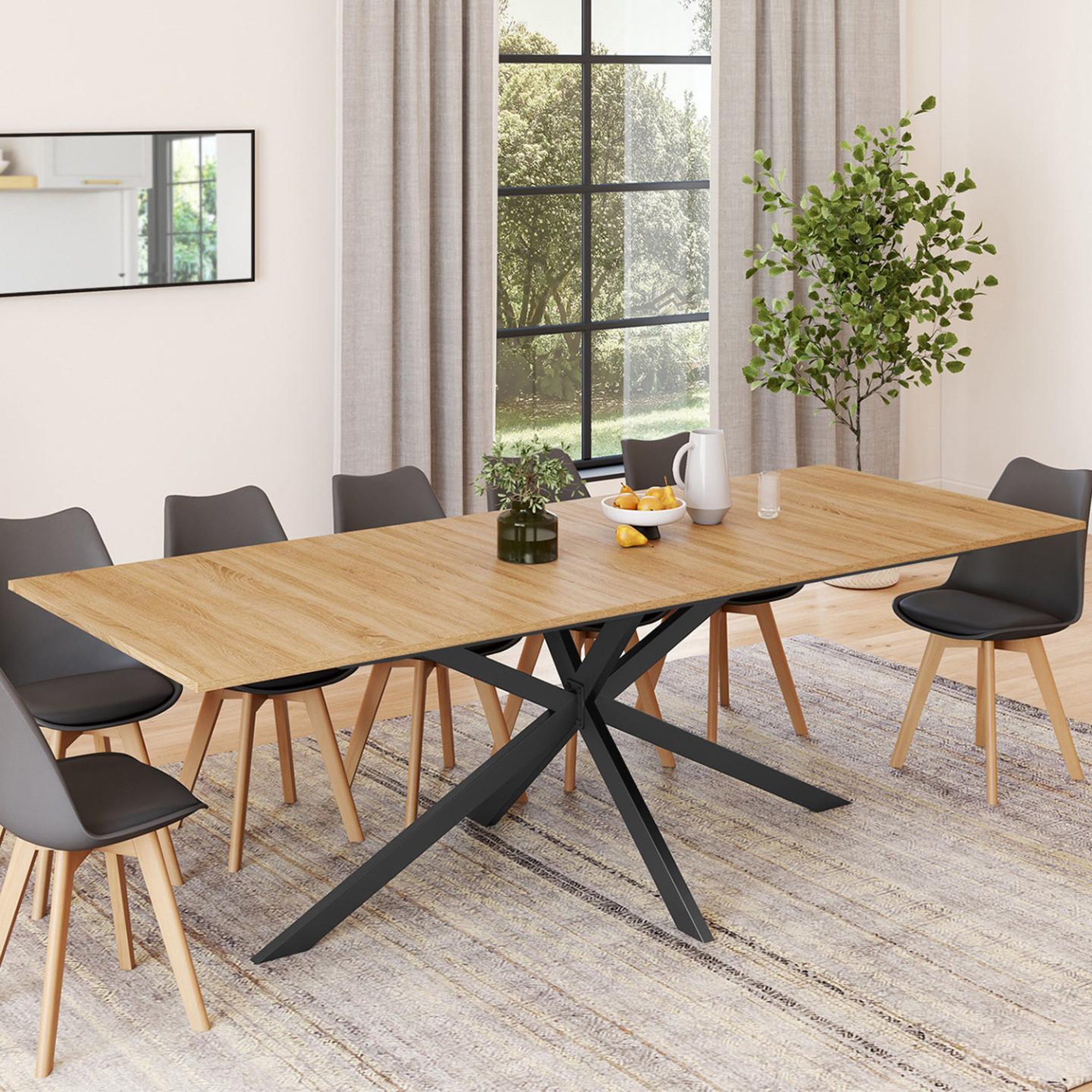 Voir la diapositive 2 : ID MARKET Table à manger extensible rectangle alix 8-12 personnes pied araignée bois et noir 200-240 cm