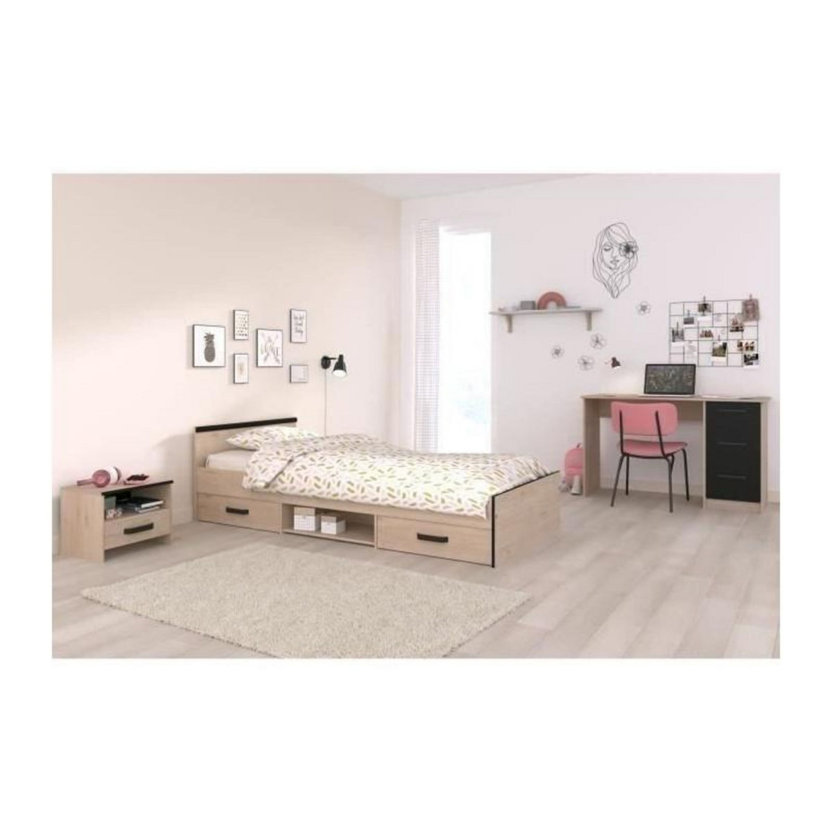 PARISOT Chambre complete enfant 3 pieces ZODIAC - Lit + chevet + bureau - Décor chene/noir - PARISOT