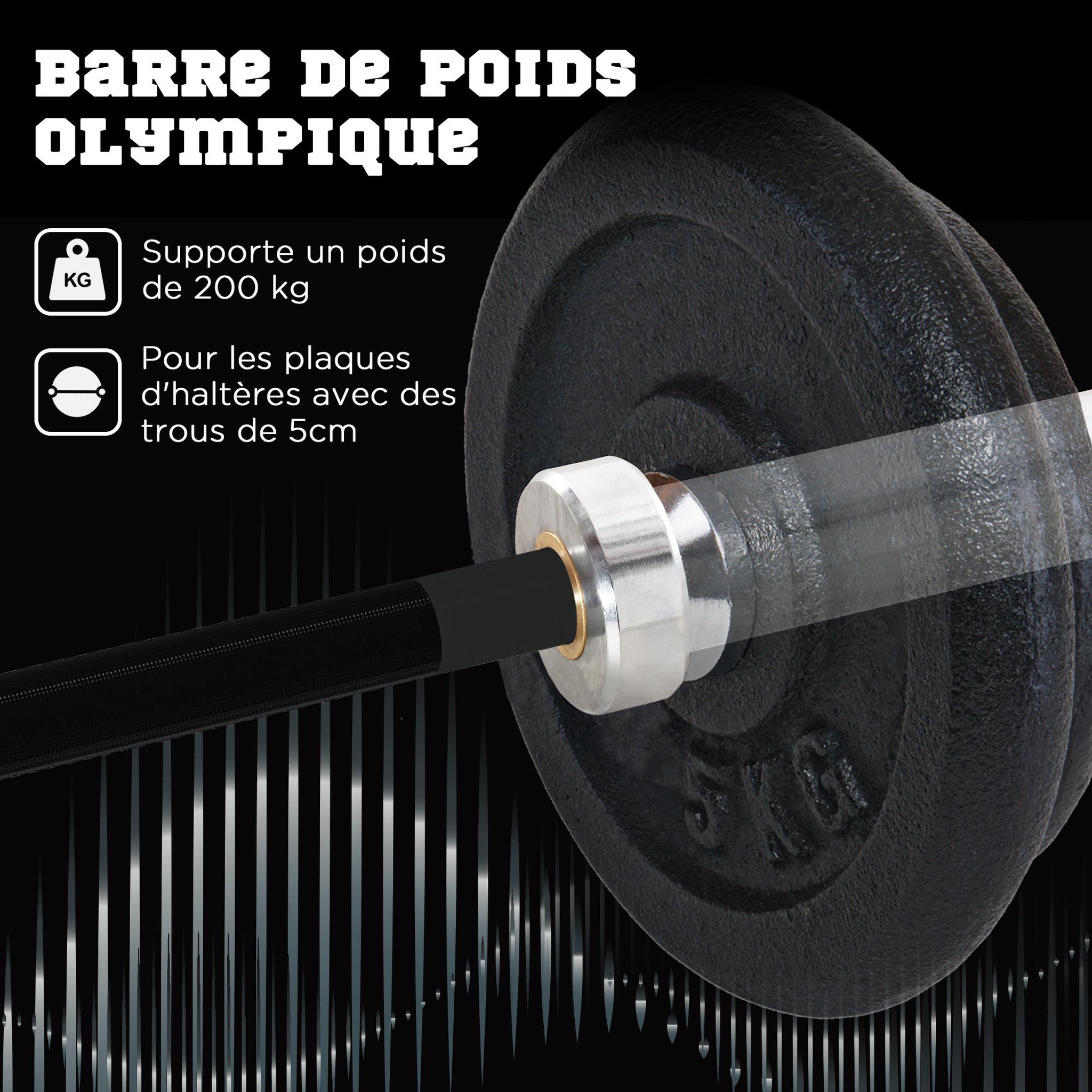 Voir la diapositive 4 : HOMCOM Barre d'haltères en acier 180 cm ø 50 mm avec 2 pinces charge max. 200 kg