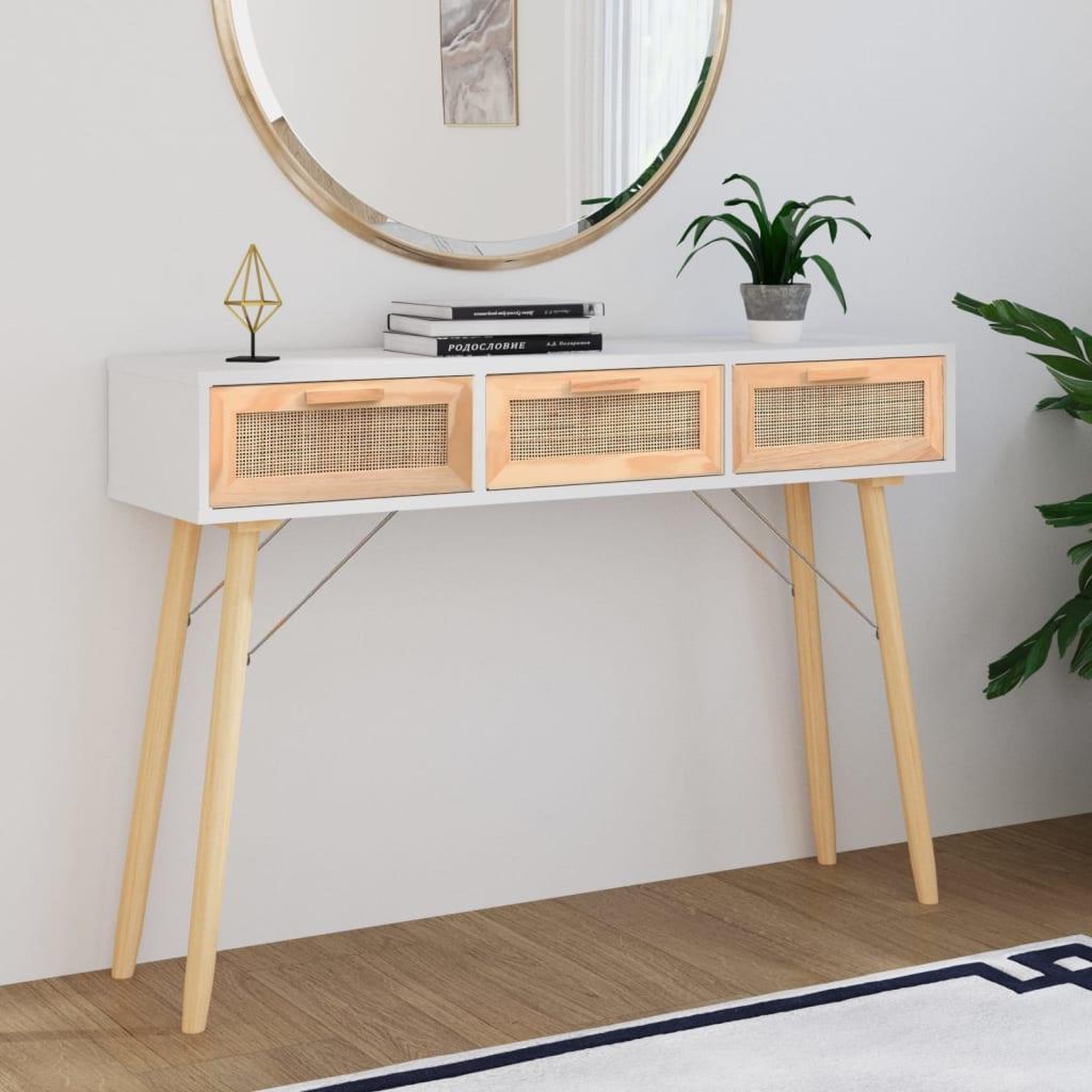 Voir la diapositive 1 : VIDAXL Table console Blanc 105x30x75 cm Bois massif pin /rotin naturel