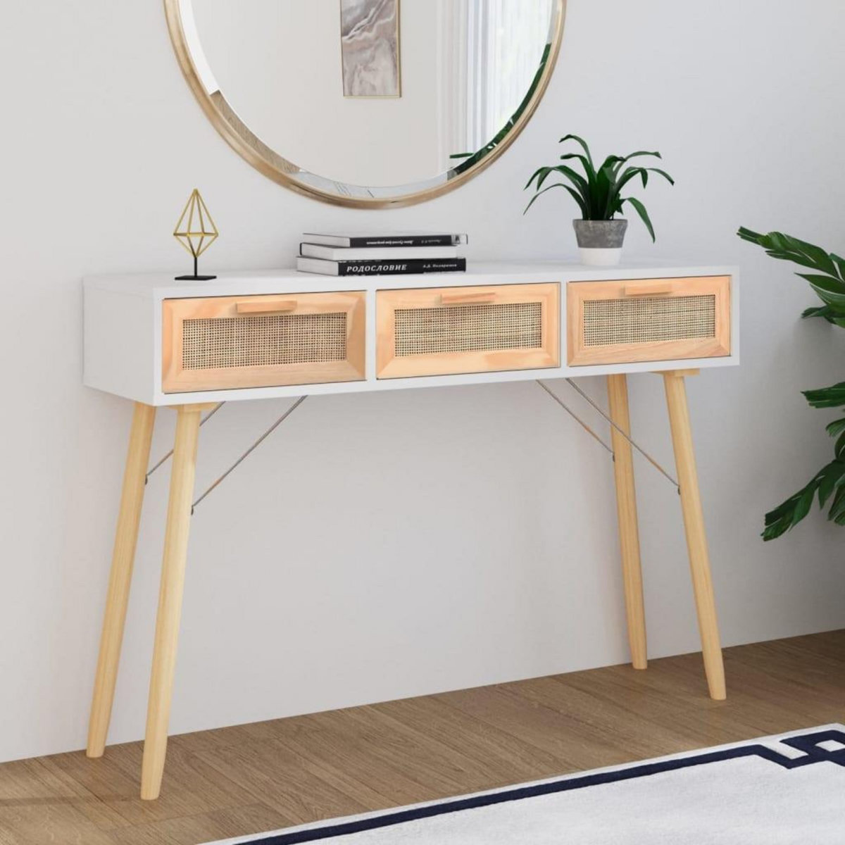 VIDAXL Table console Blanc 105x30x75 cm Bois massif pin /rotin naturel