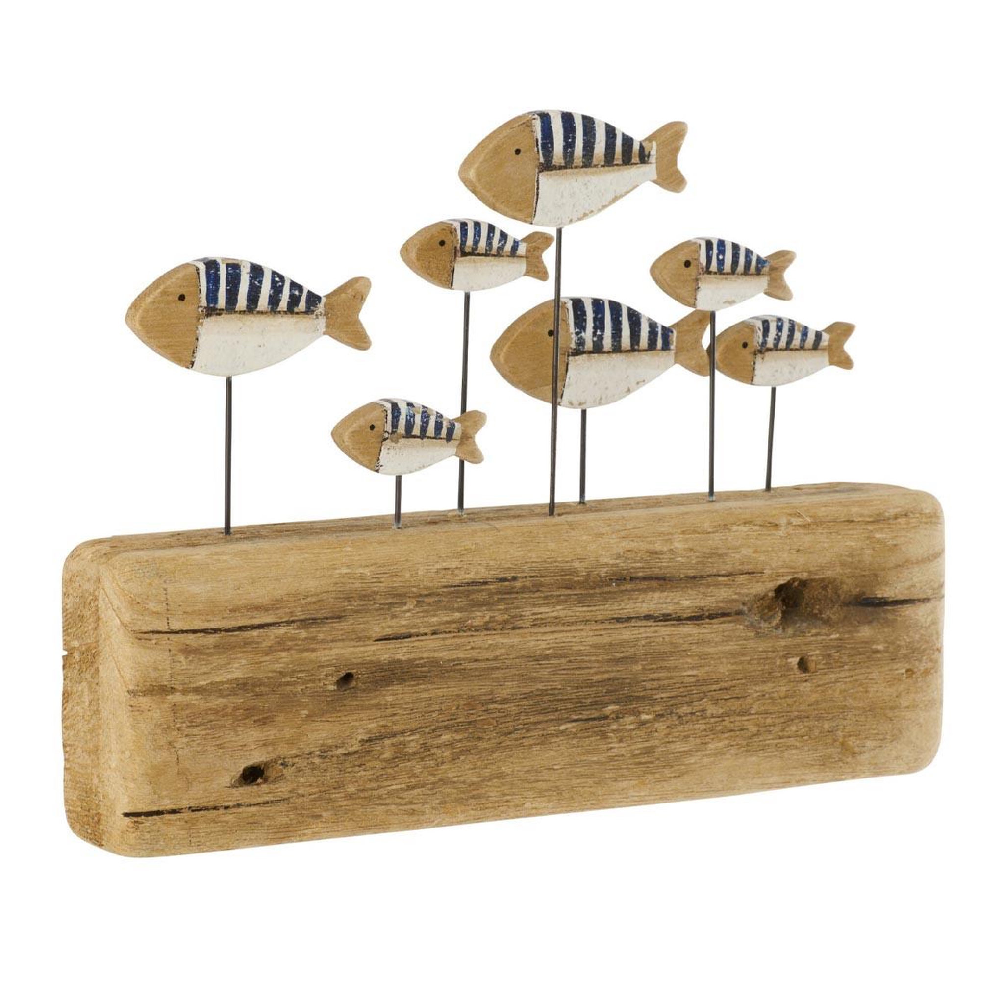 J-LINE Statuette déco en bois  banc de poissons  30cm bleu