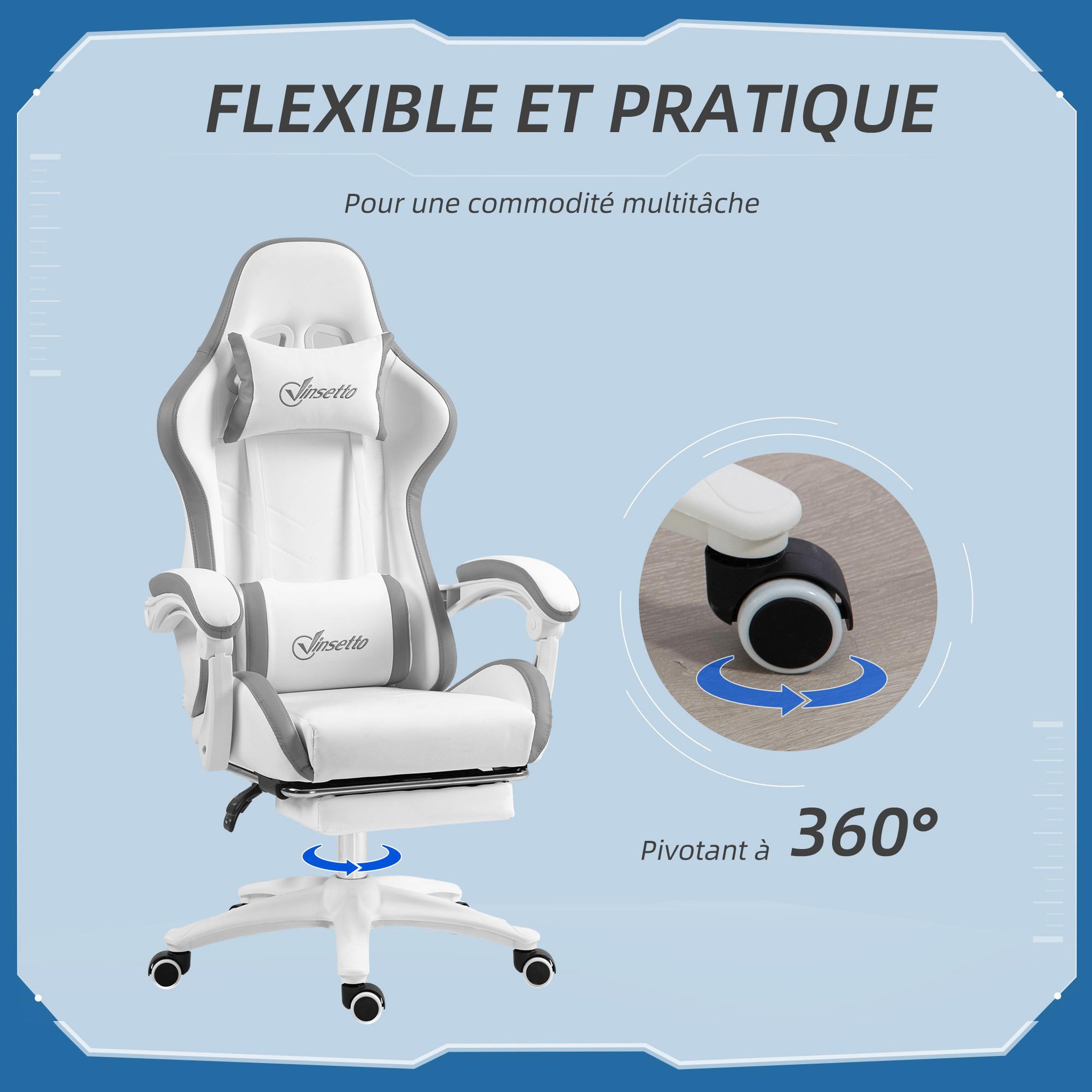 Voir la diapositive 4 : VINSETTO Chaise de bureau gaming - inclinable, pivotant, réglable - coussins lombaires têtière inclus - gris blanc