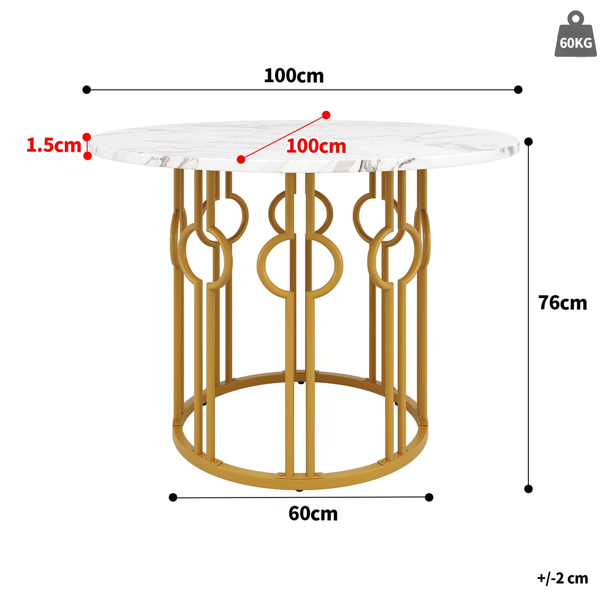 Voir la diapositive 3 : MERAX Table à manger ronde fixe blanc+doré - 100x100-100max.cm mdf et métal