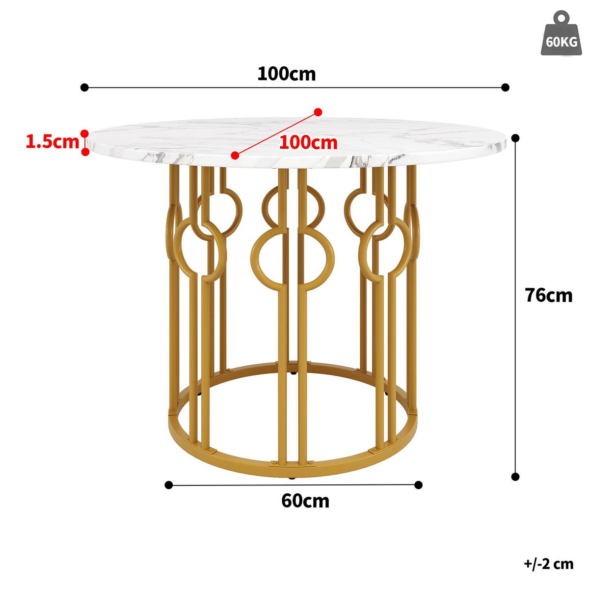 MERAX Table à manger ronde fixe blanc+doré - 100x100-100max.cm mdf et métal