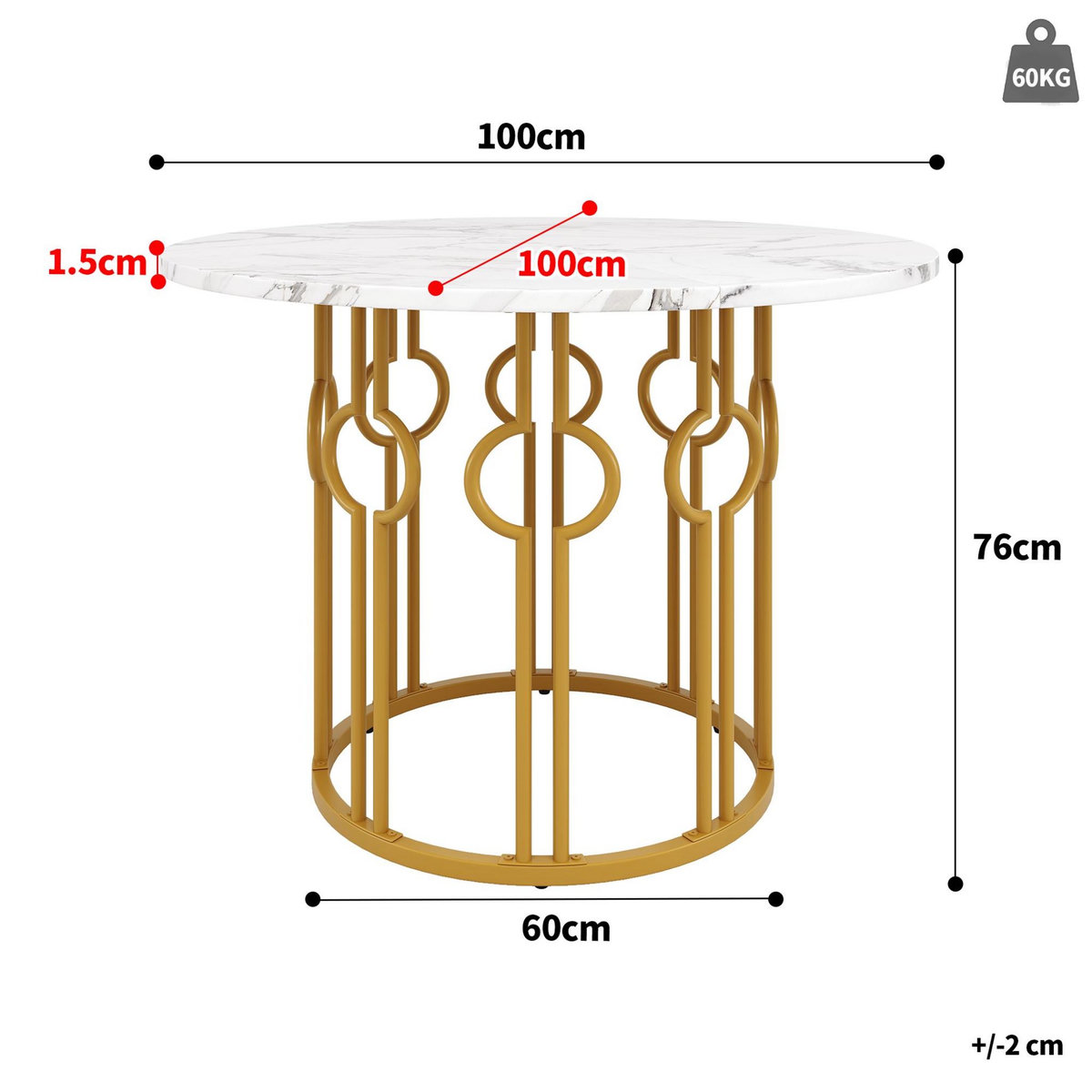MERAX Table à manger ronde fixe blanc+doré - 100x100-100max.cm mdf et métal