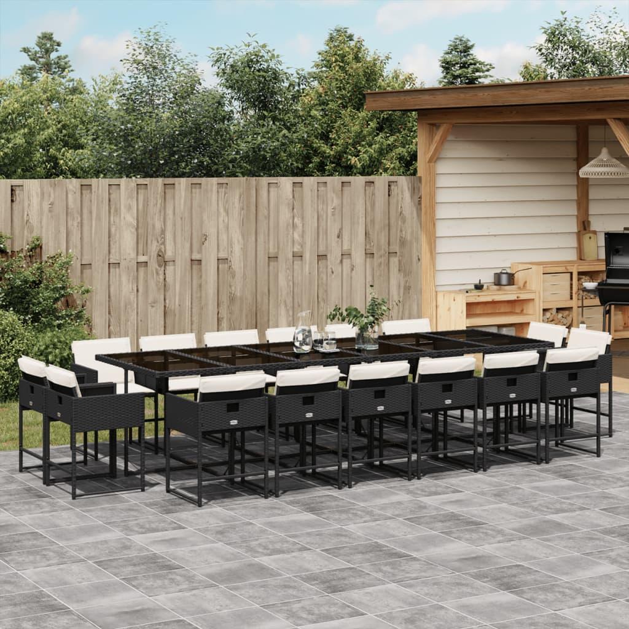 VIDAXL Ensemble a manger de jardin 17 pcs coussins noir resine tressee