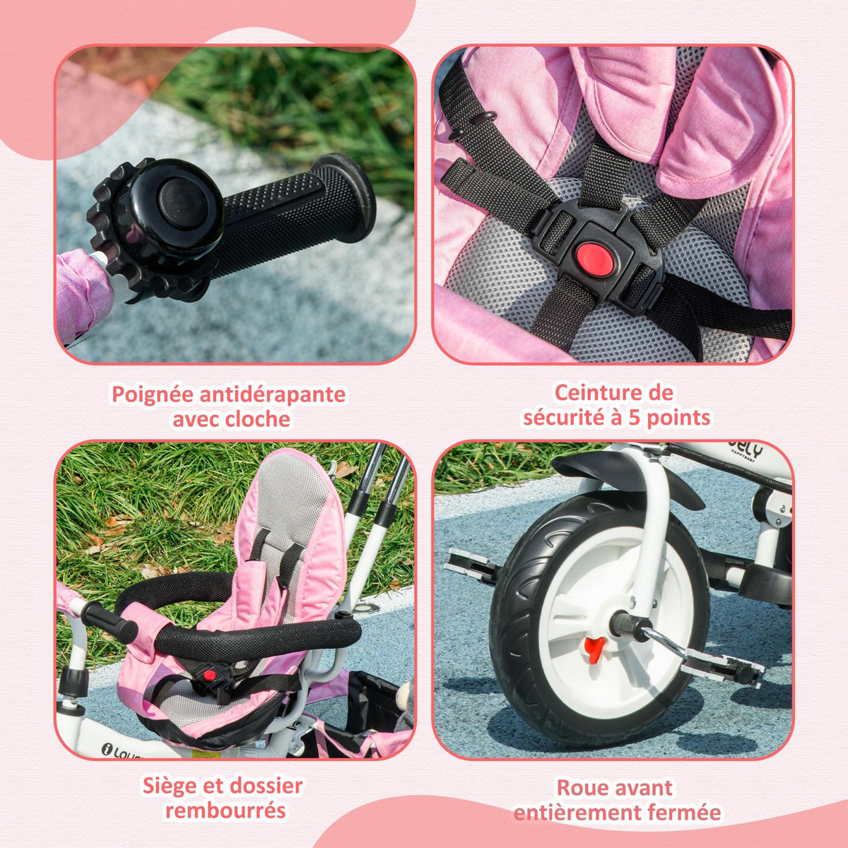 HOMCOM Tricycle enfant évolutif pare-soleil pliable canne télescopique amovible acier rose