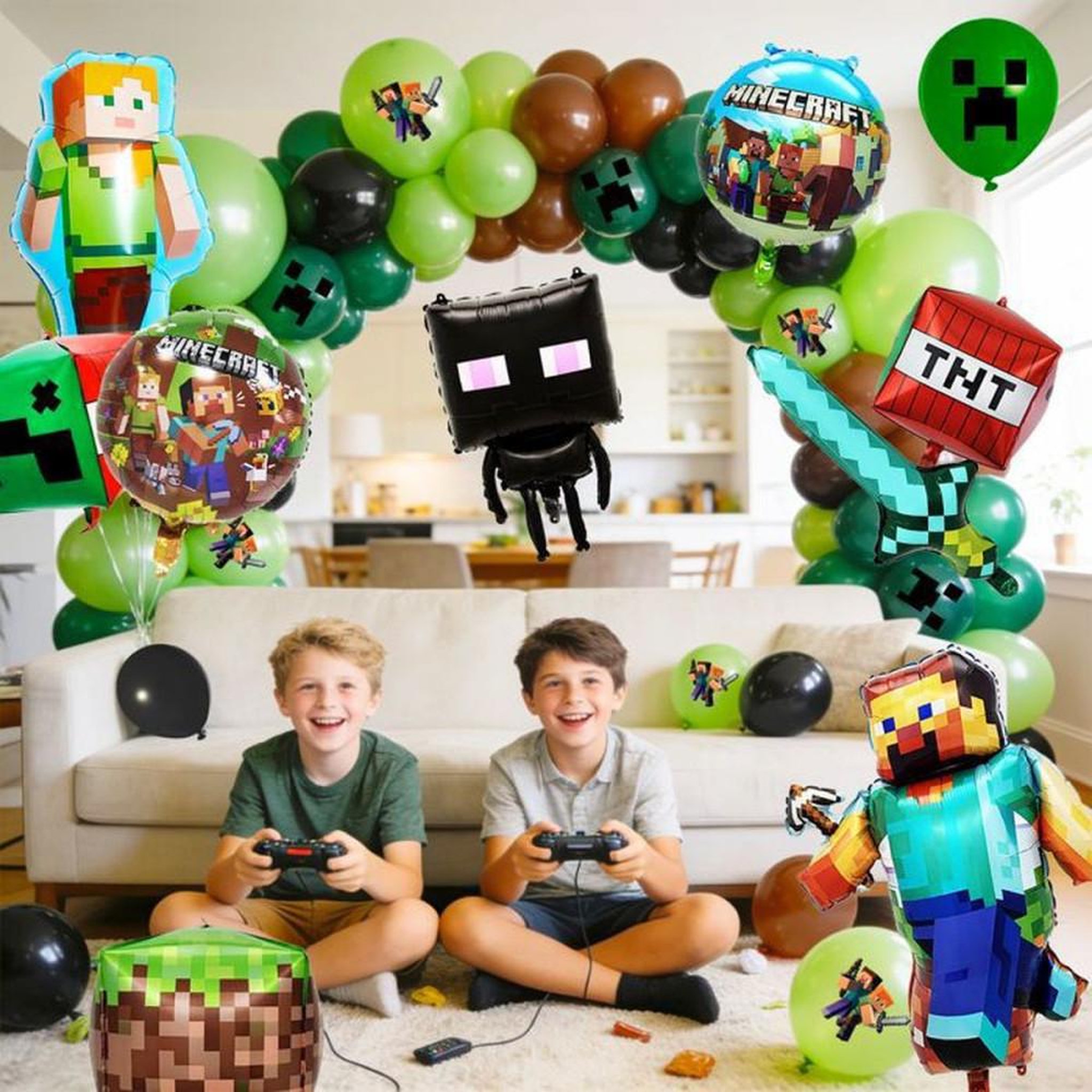 Voir la diapositive 5 : Kit déco ballons anniversaire Minecraft Creeper & blocs pixel avec arche et points de colle, vert et brun