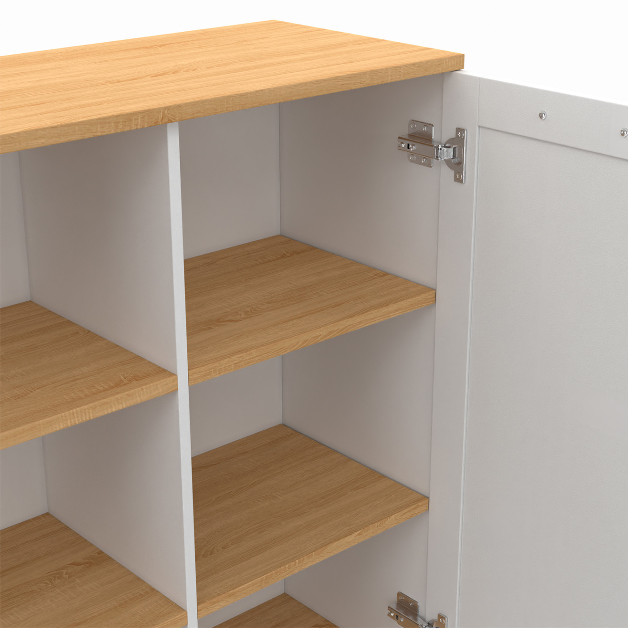 Voir la diapositive 6 : ID MARKET Buffet d'appoint 70 cm vito 3 étagères et placard blanc et plateau bois