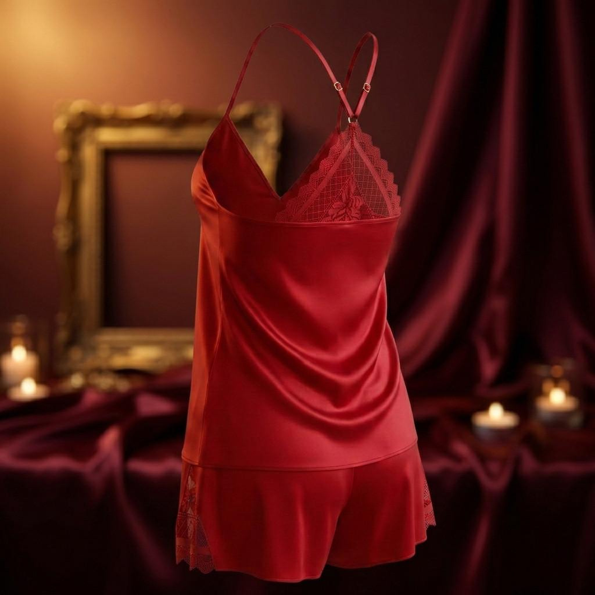 Voir la diapositive 5 : OZABI OZABI Pyjama Femme Satiné Débardeur Dentelle Col V Toucher Soie