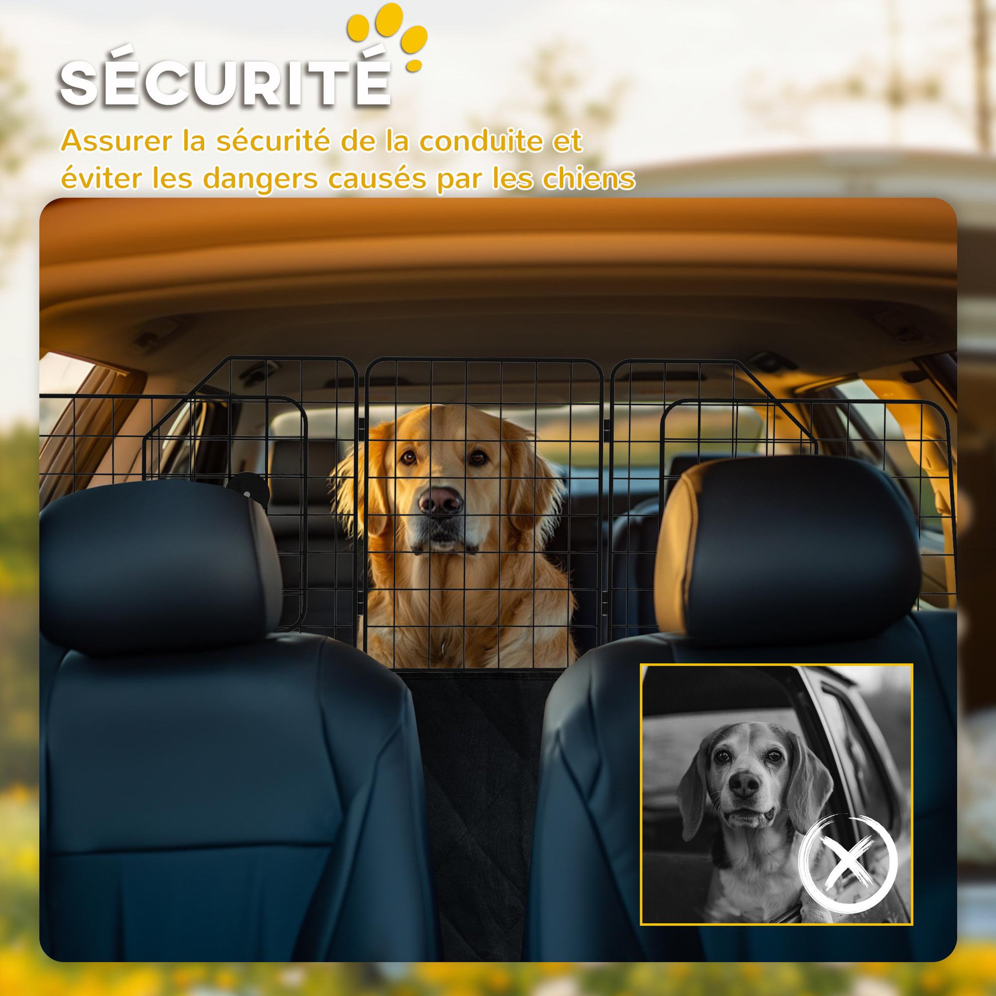 Voir la diapositive 6 : PAWHUT Grille de séparation voiture pour chien pliable réglable 93-150L cm universelle pour appui-tête noir