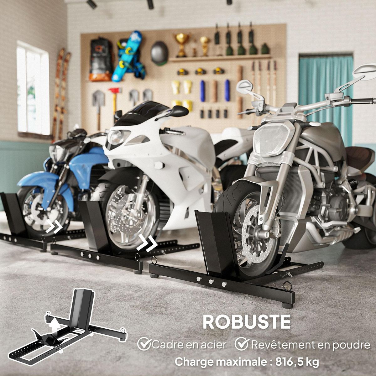 HOMCOM Bloque roue de moto pour pneu avant, cale roue moto en acier, support de verrouillage réglable sur 14 niveaux, pour Ø 34-84 cm, capacité 816,5 kg, noir