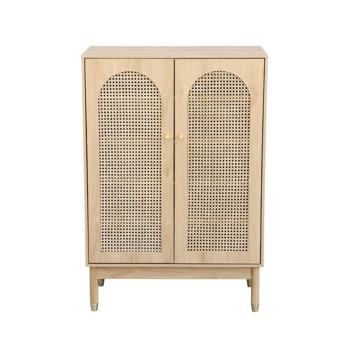 SWEEEK Meuble à chaussures / Petit buffet 2 portes cannage JUDITH. 20 paires de chaussures. 4 étagères. pieds en bois d'hévéa avec caps finition dorée.