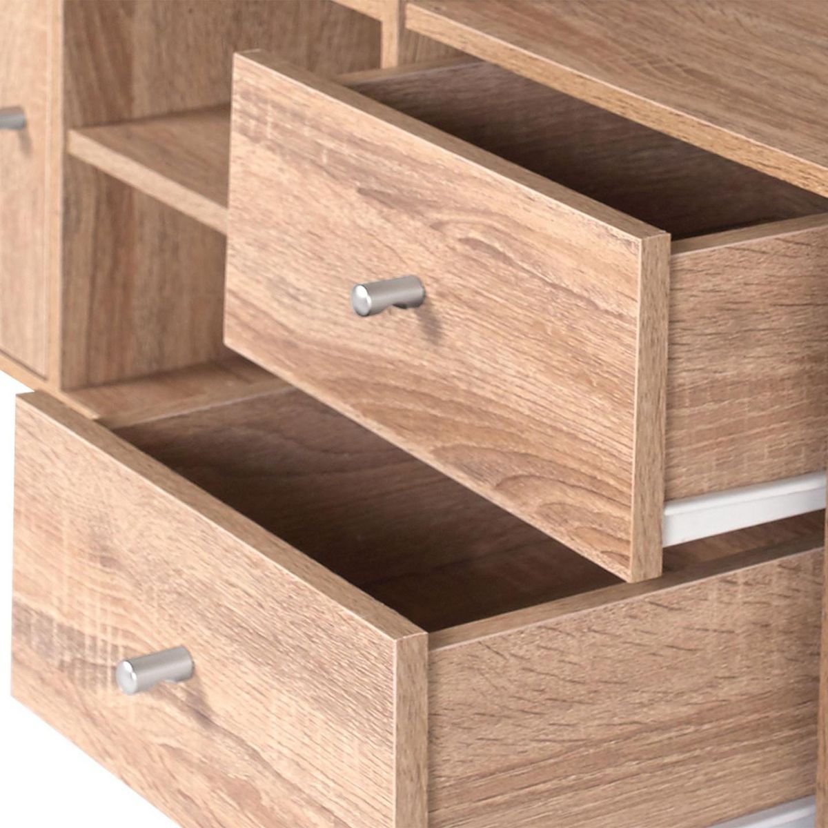 ID MARKET Meuble de rangement en escalier LIAM 4 niveaux bois façon hêtre avec porte et tiroirs