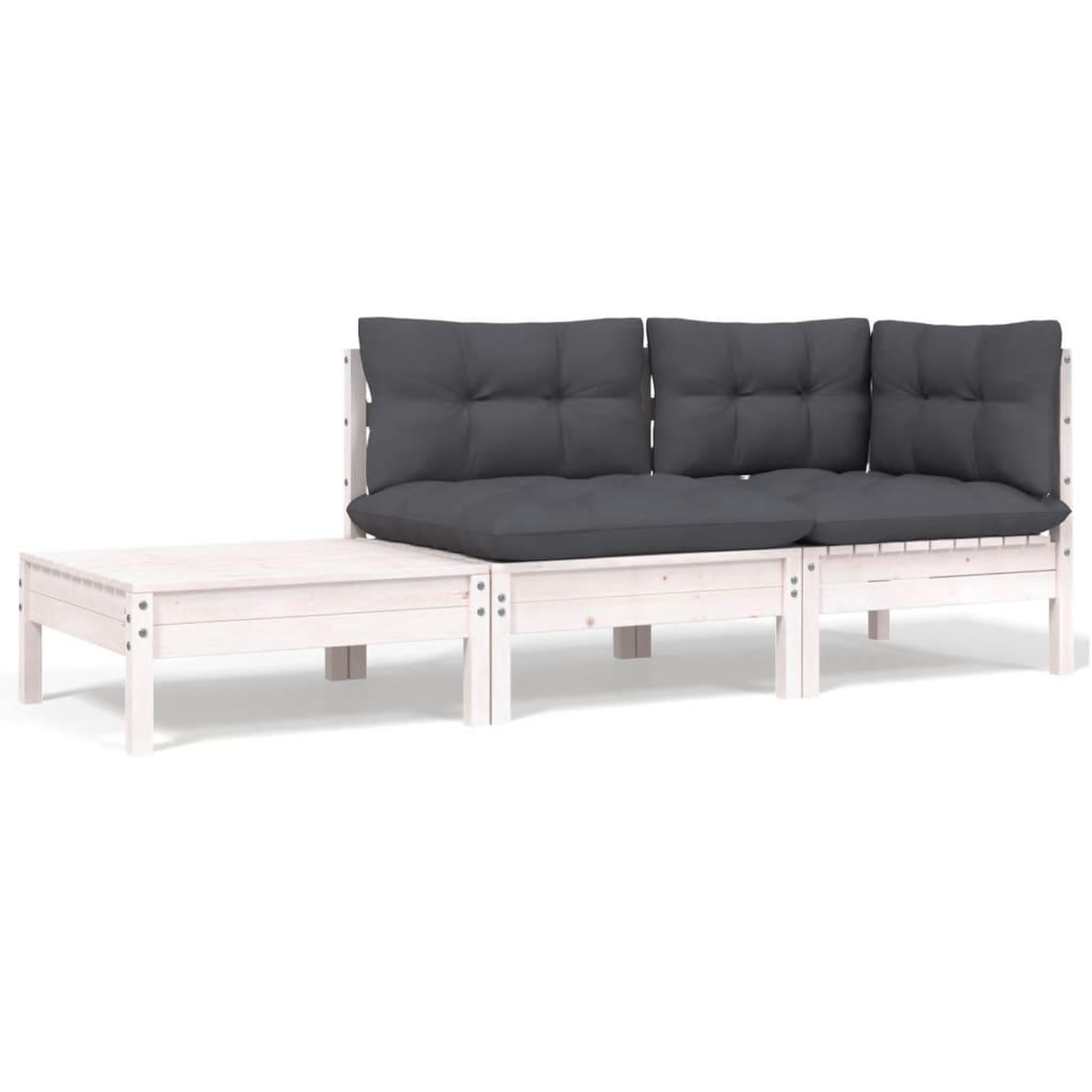 Voir la diapositive 1 : VIDAXL Salon de jardin 3 pcs avec coussins Blanc Bois de pin massif