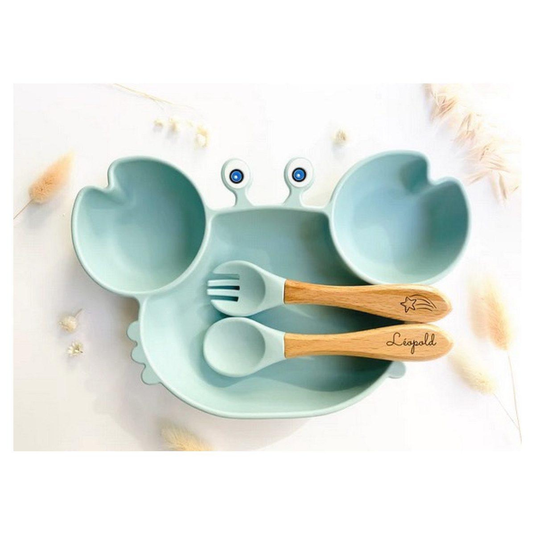LES PETITS CITRONS Set repas et couvert en forme de crabe pour enfant (bleu ciel)