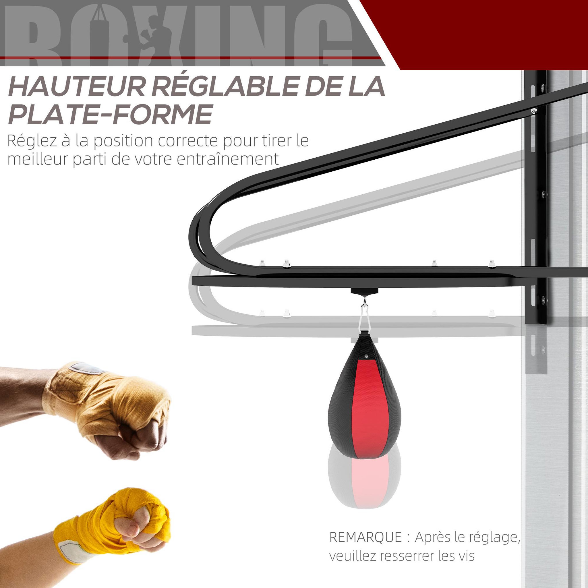 Voir la diapositive 5 : HOMCOM Punching ball poire de vitesse boxe avec support plateau tournant + pompe mdf acier revêtement synthétique rouge noir