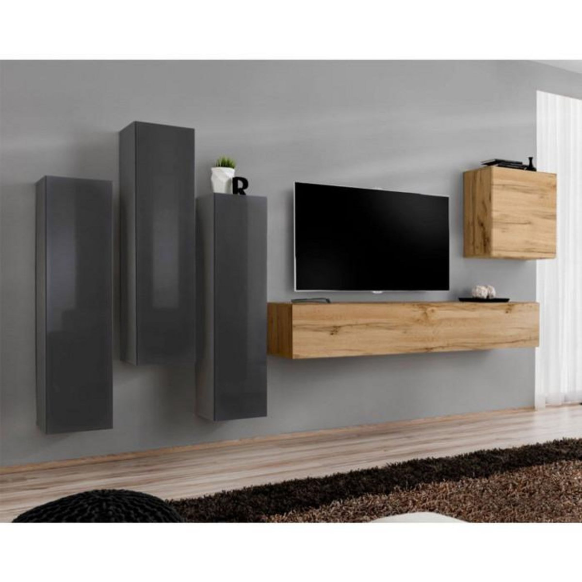 Paris Prix Meuble TV Mural Design  Switch III  330cm Gris & Naturel