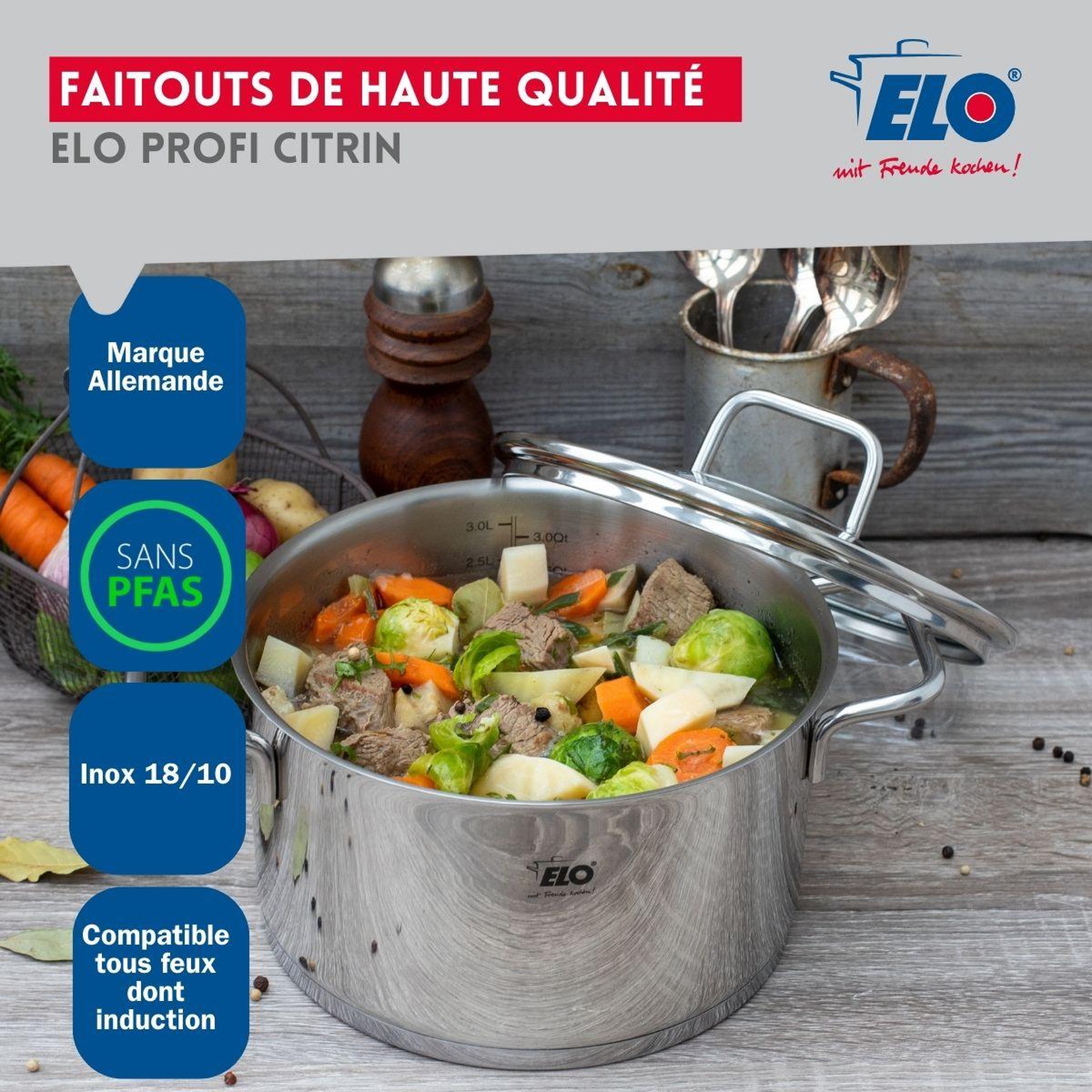 Voir la diapositive 4 : ELO Ensemble de 3 poêles de cuisson 24, 28 et 32 cm et 2 faitouts 16 et 26 cm elo profi citrin
