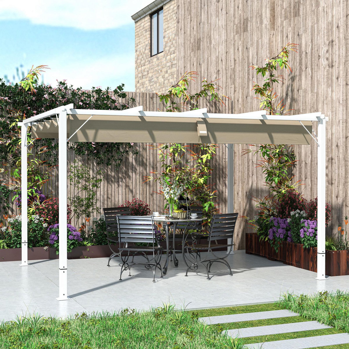 OUTSUNNY Pergola coulissante rétractable 3 x 4 m aluminium blanc toile UPF30+ kaki