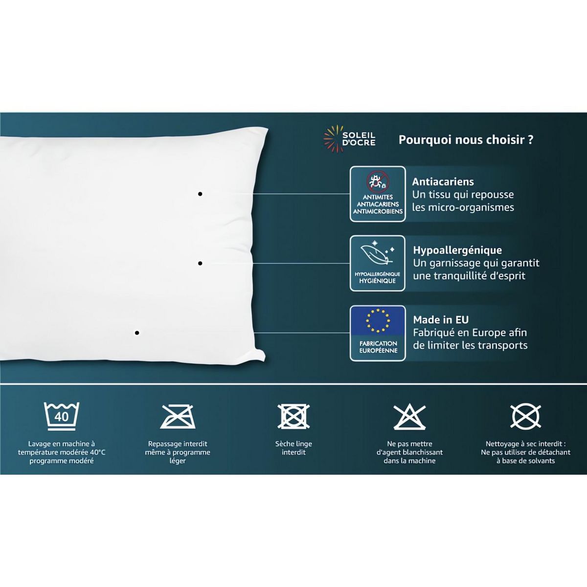 SOLEIL D'OCRE Oreiller anti-acarien LUXE, par Soleil d'ocre