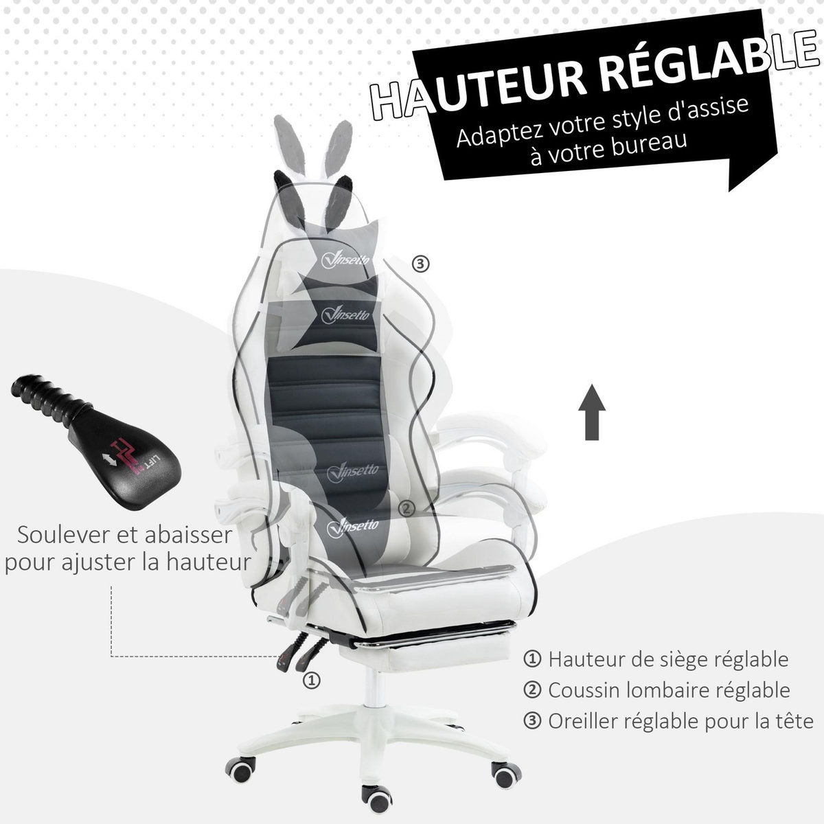VINSETTO Chaise gaming fauteuil gamer inclinable réglable repose-pied rétractable oreilles de lapin amovibles noir blanc